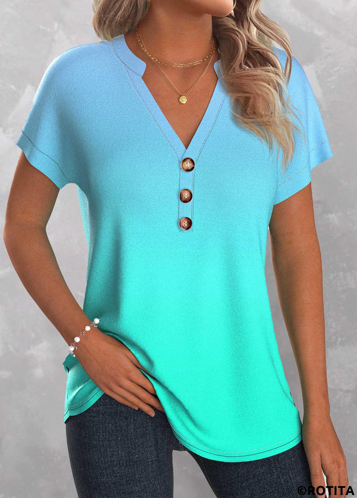 Mint Green plus size,Ombre plus size,ROTITA Plus Size Button Mint Green Ombre T Shirt
