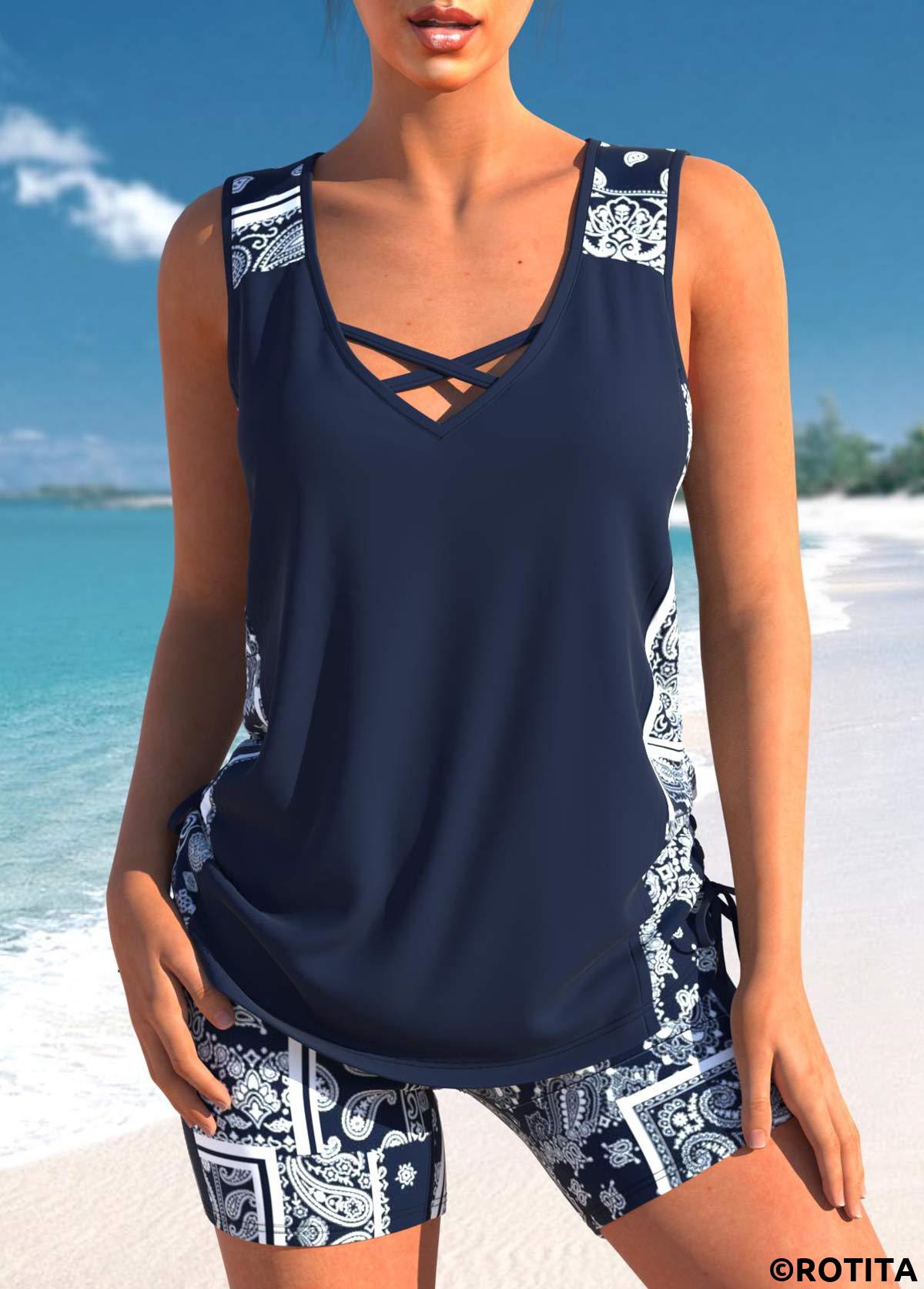 Navy swimwear,Tribal swimwear,Paisley swimwear,Geometric swimwear,ROTITA Drawstring Navy Tribal Print Mid Waisted Tankini Set