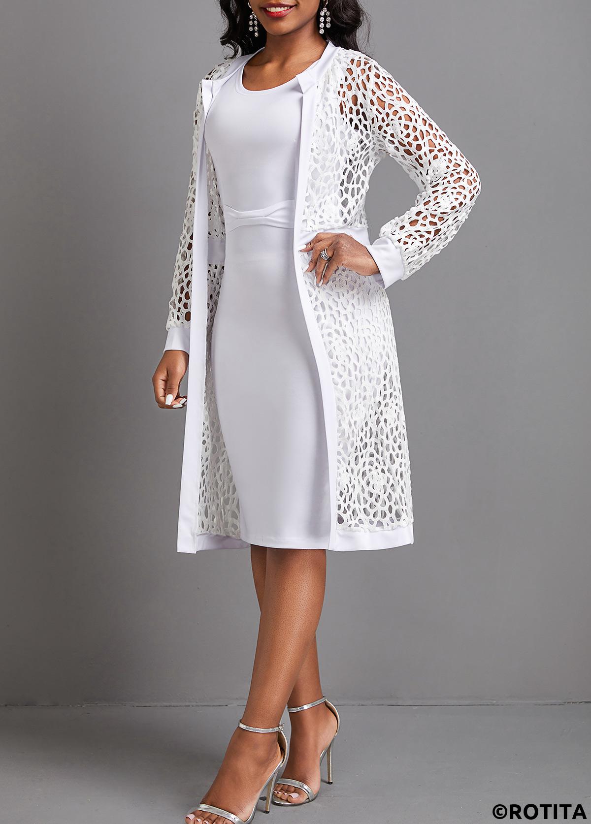 White dresses,Plain Color dresses,Party dresses,Elegant dresses,ROTITA Mesh White Two-Piece Round Neck Dress and Cardigan