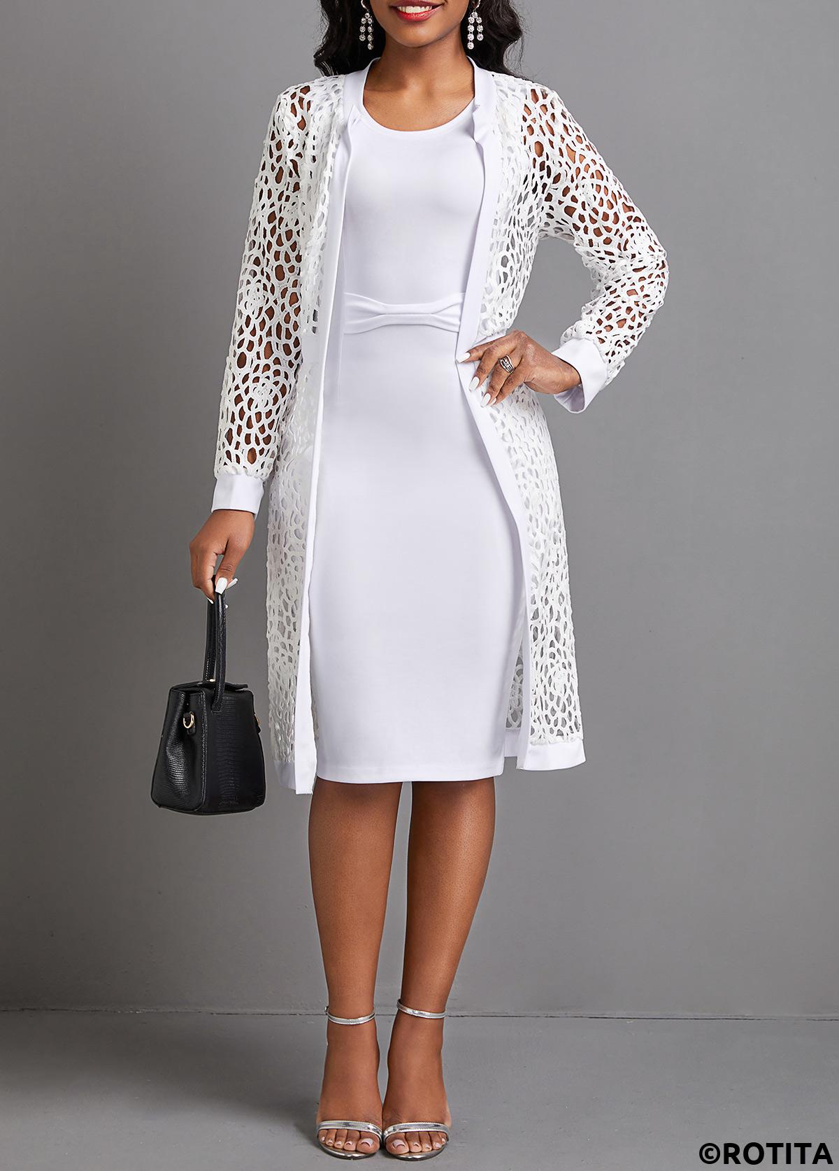 White dresses,Plain Color dresses,Party dresses,Elegant dresses,ROTITA Mesh White Two-Piece Round Neck Dress and Cardigan