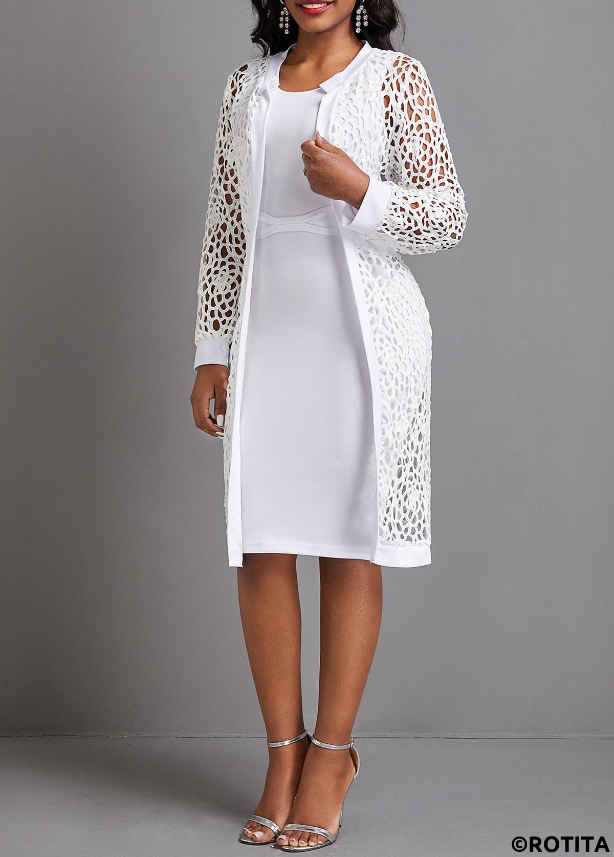 White dresses,Plain Color dresses,Party dresses,Elegant dresses,ROTITA Mesh White Two-Piece Round Neck Dress and Cardigan
