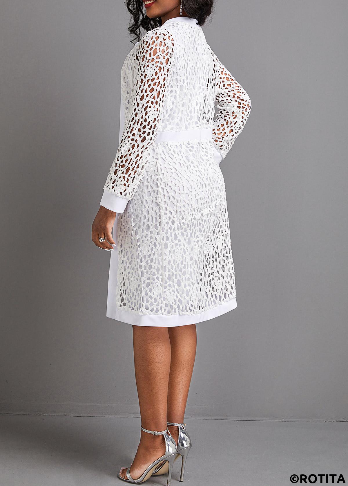 White dresses,Plain Color dresses,Party dresses,Elegant dresses,ROTITA Mesh White Two-Piece Round Neck Dress and Cardigan