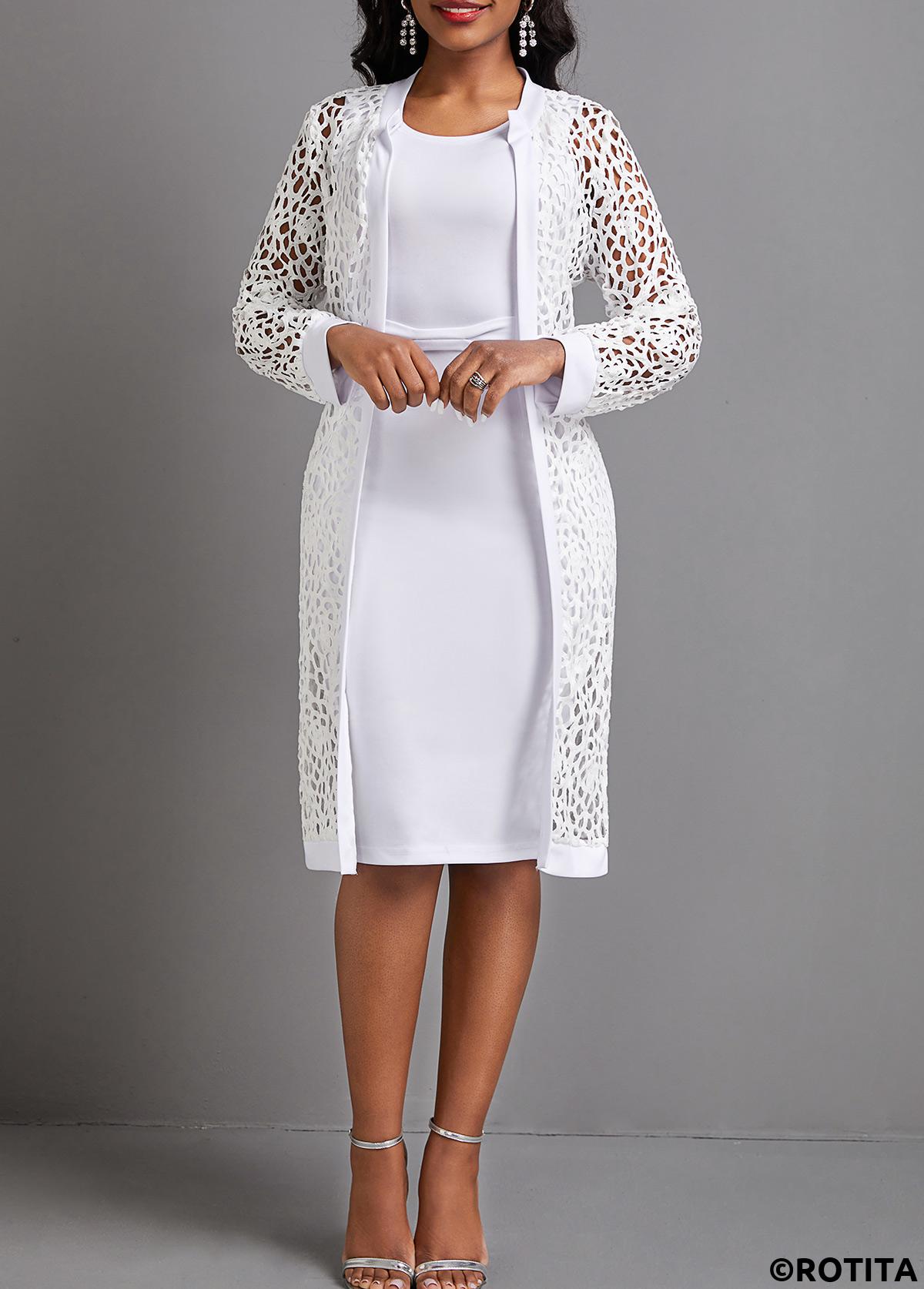 White dresses,Plain Color dresses,Party dresses,Elegant dresses,ROTITA Mesh White Two-Piece Round Neck Dress and Cardigan