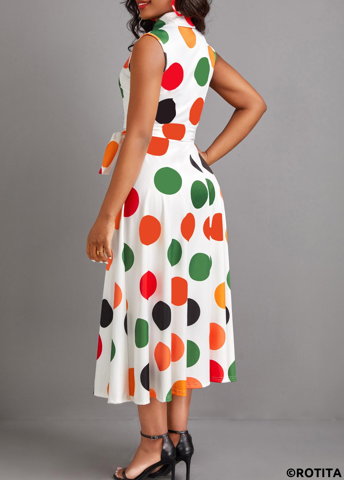 White dresses,Dot dresses,Everyday dresses,Casual dresses,ROTITA Button Polka Dot White Turn Down Collar Dress