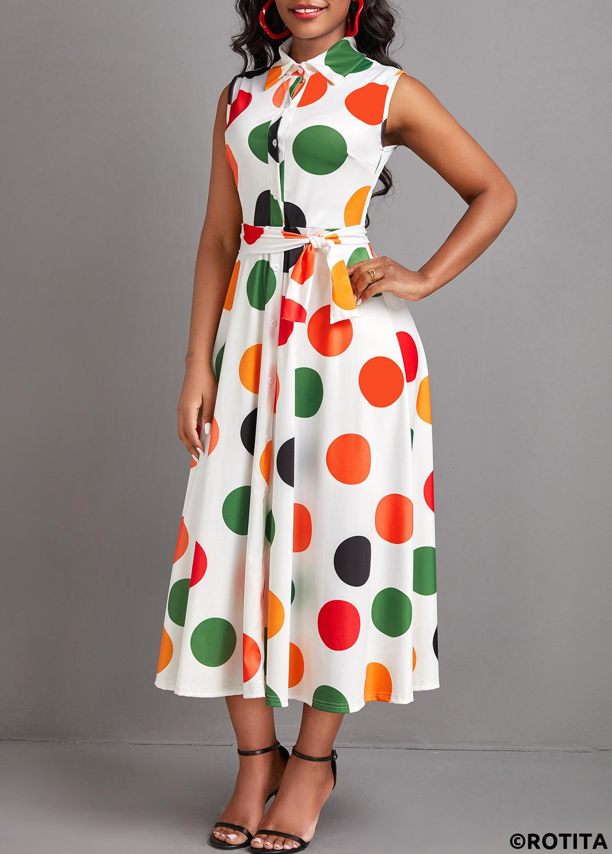 White dresses,Dot dresses,Everyday dresses,Casual dresses,ROTITA Button Polka Dot White Turn Down Collar Dress