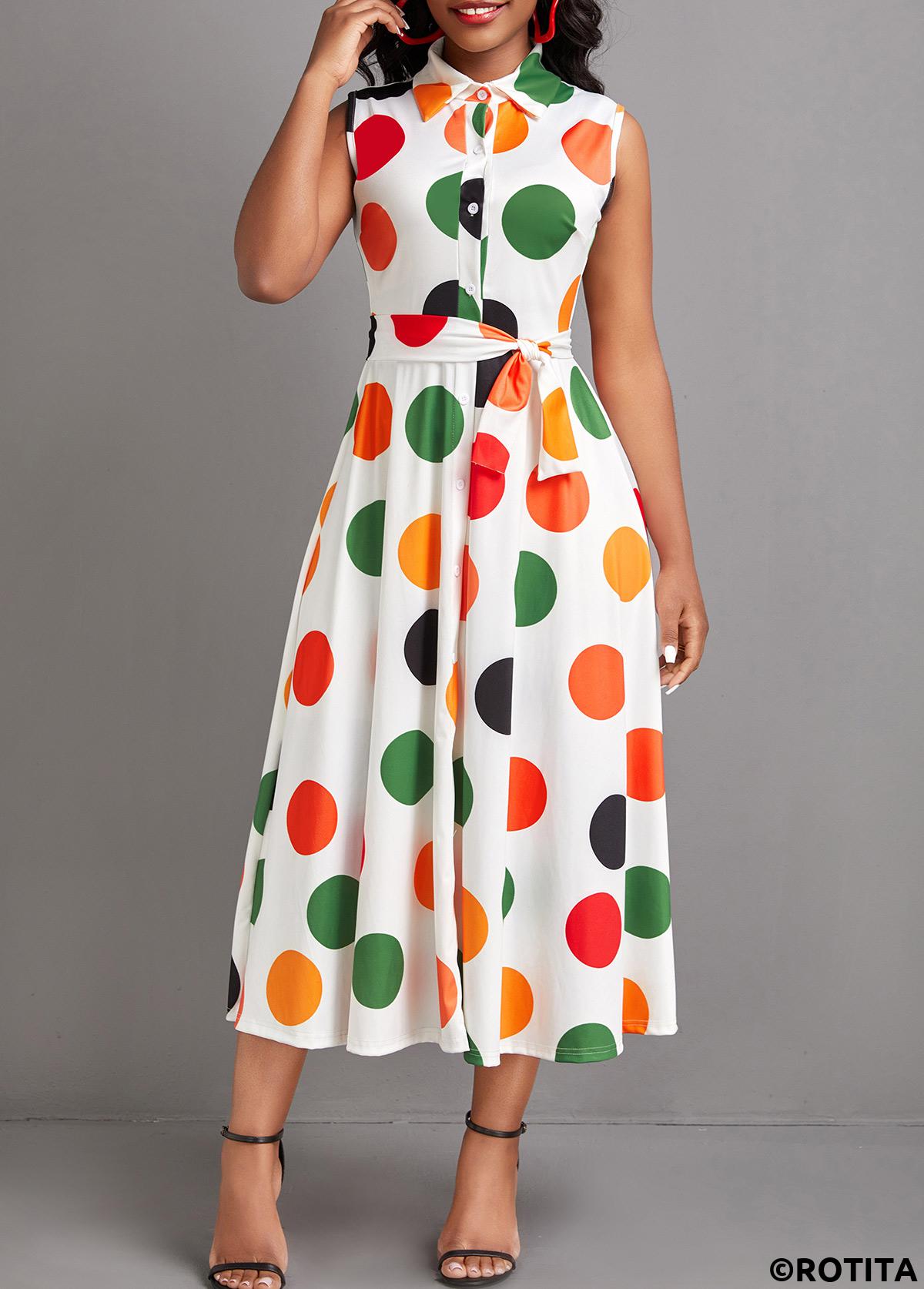 White dresses,Dot dresses,Everyday dresses,Casual dresses,ROTITA Button Polka Dot White Turn Down Collar Dress