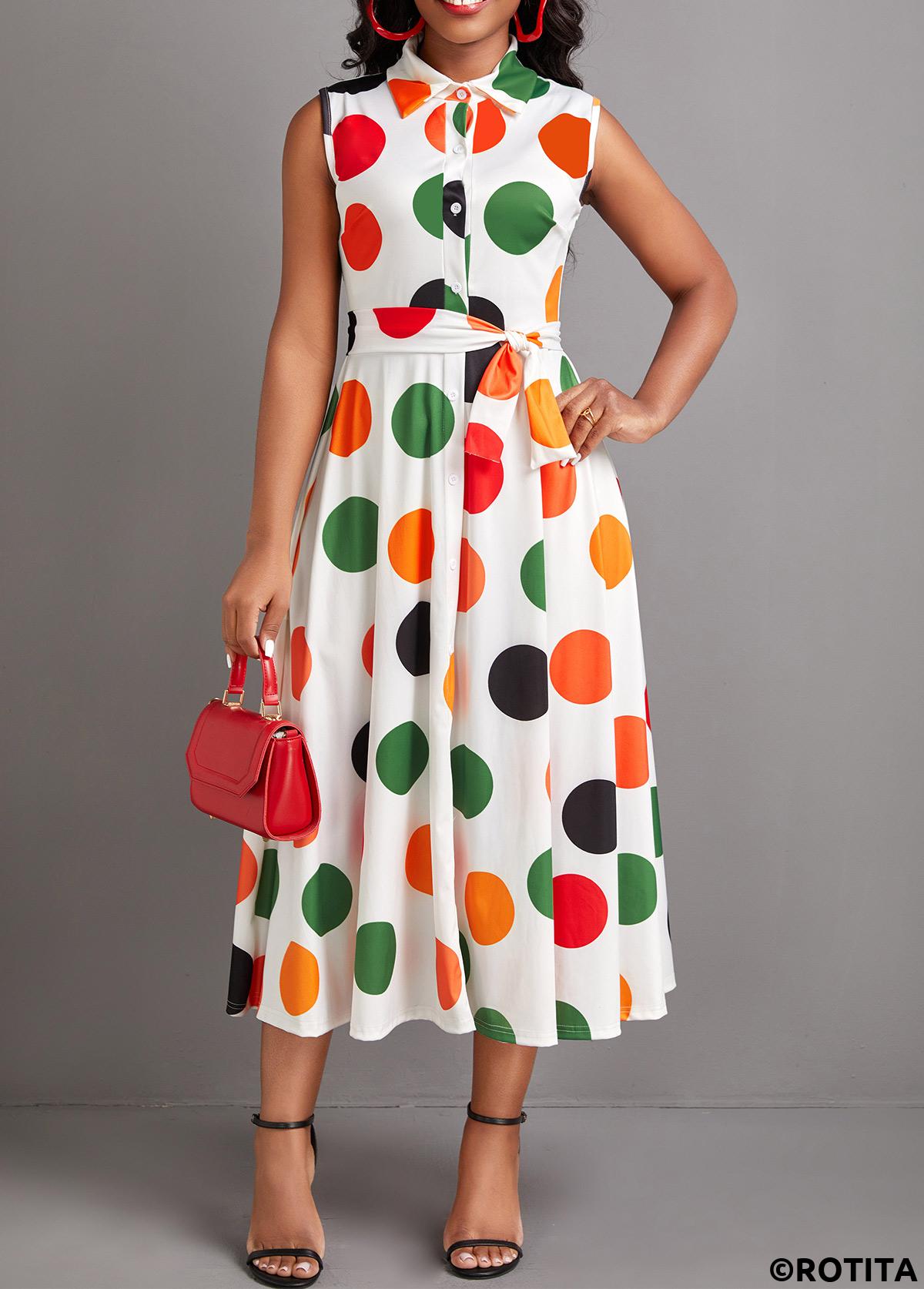 White dresses,Dot dresses,Everyday dresses,Casual dresses,ROTITA Button Polka Dot White Turn Down Collar Dress