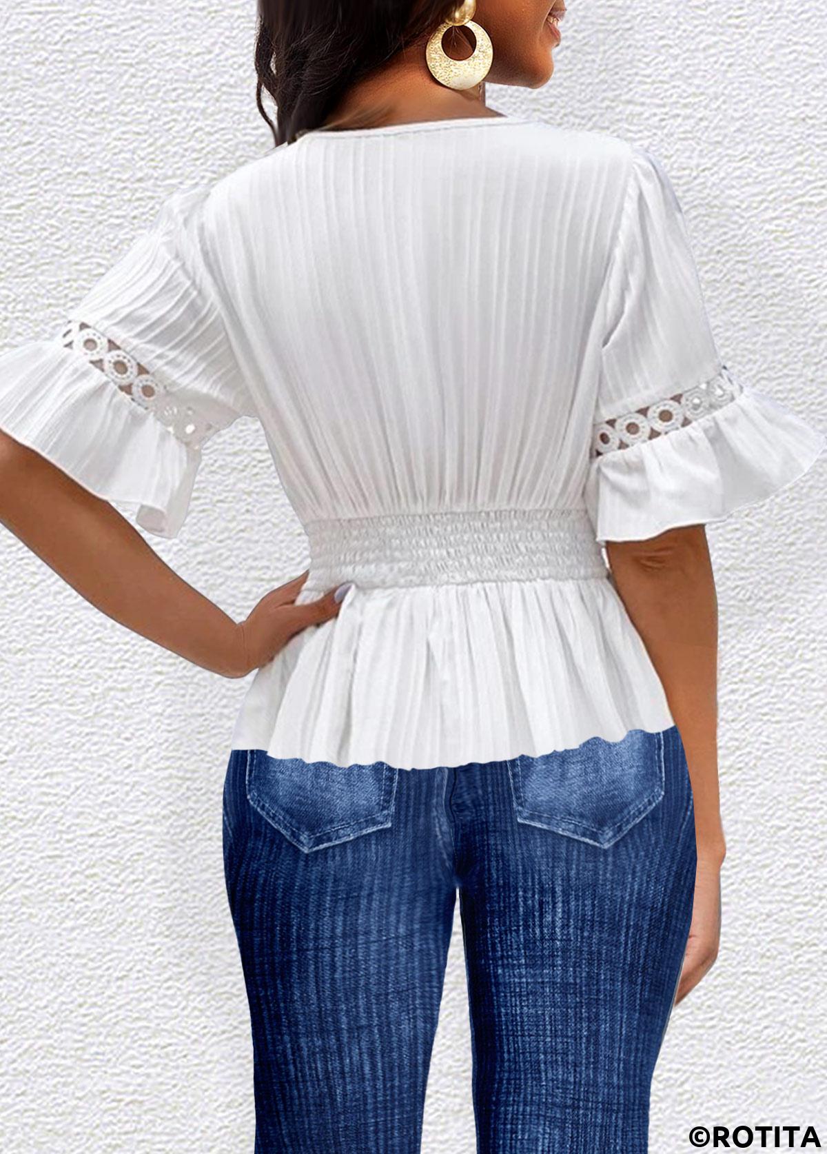 White tops,Plain Color tops,ROTITA Patchwork White V Neck Half Sleeve T Shirt