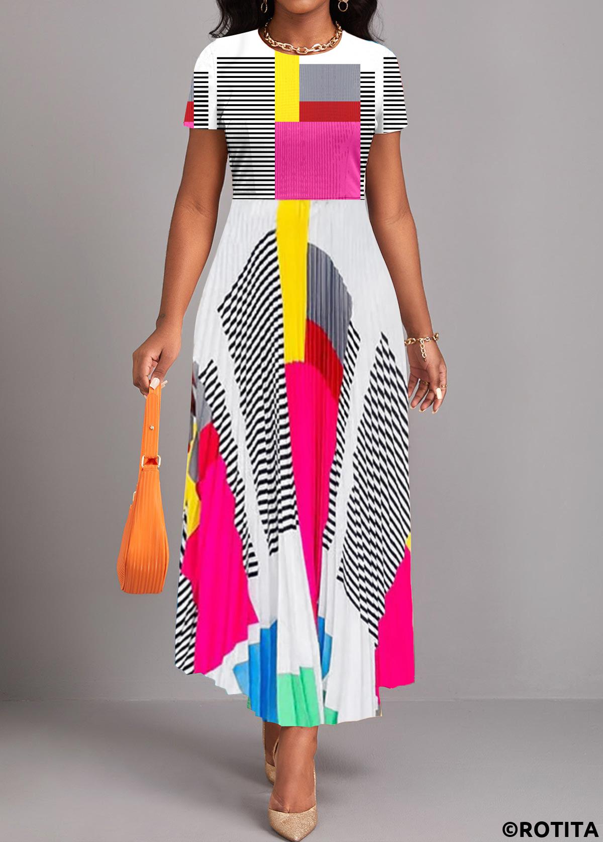 Multi Color dresses,Rainbow Color dresses,Geometric dresses,Striped dresses,Party dresses,Elegant dresses,ROTITA Pleated Geometric Print Multi Color Maxi Dress