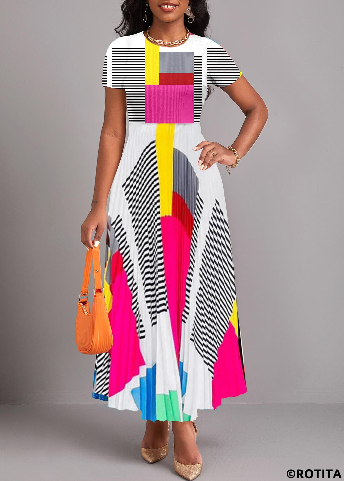 Multi Color dresses,Rainbow Color dresses,Geometric dresses,Striped dresses,Party dresses,Elegant dresses,ROTITA Pleated Geometric Print Multi Color Maxi Dress