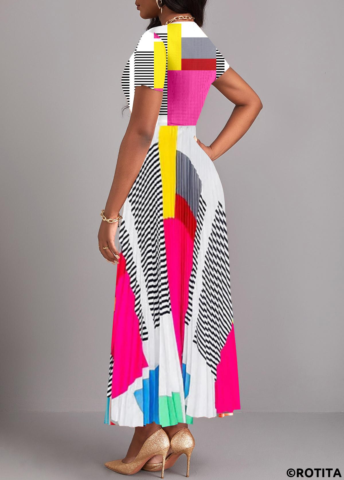 Multi Color dresses,Rainbow Color dresses,Geometric dresses,Striped dresses,Party dresses,Elegant dresses,ROTITA Pleated Geometric Print Multi Color Maxi Dress