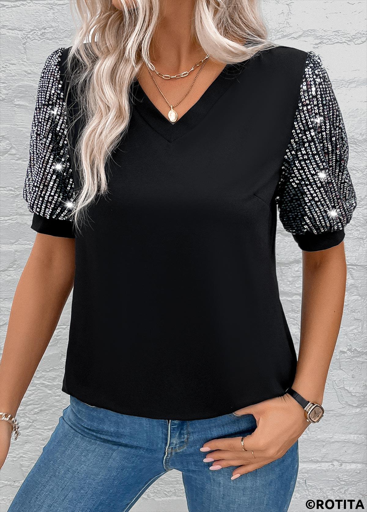 Black plus size,Plain Color plus size,ROTITA Plus Size Sequin Black V Neck T Shirt