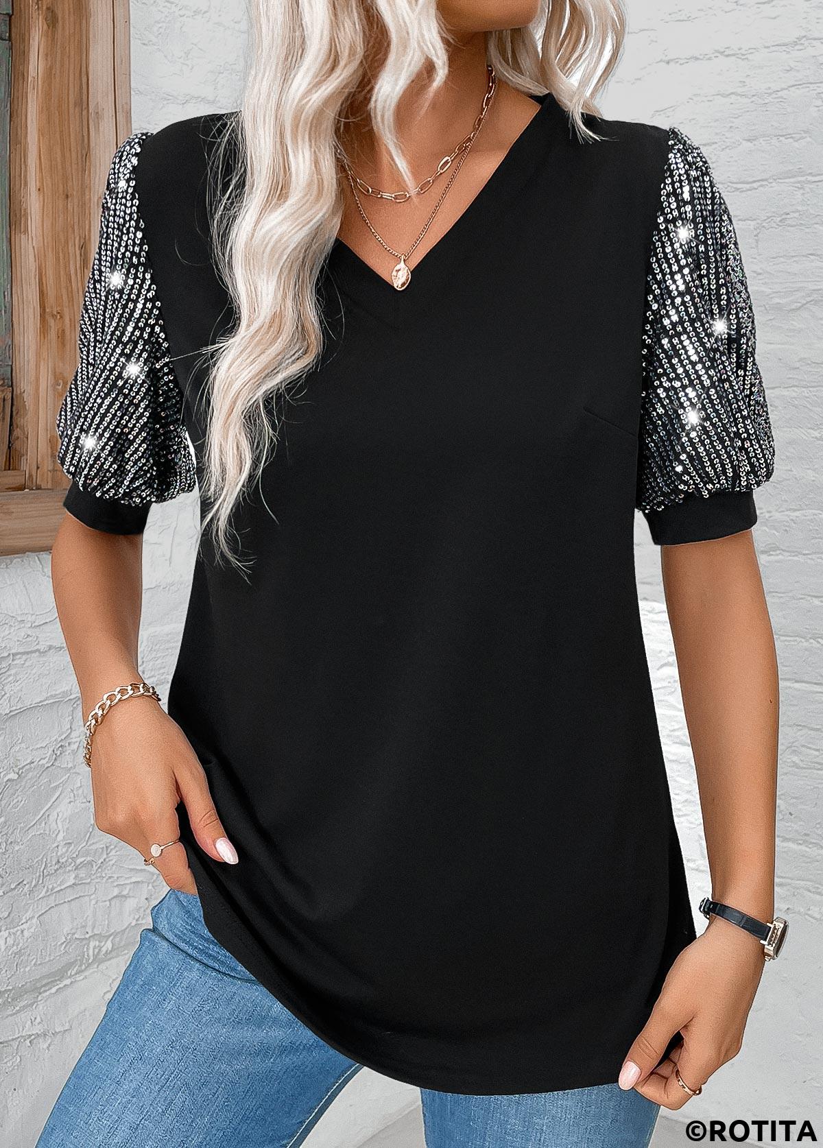 Black plus size,Plain Color plus size,ROTITA Plus Size Sequin Black V Neck T Shirt