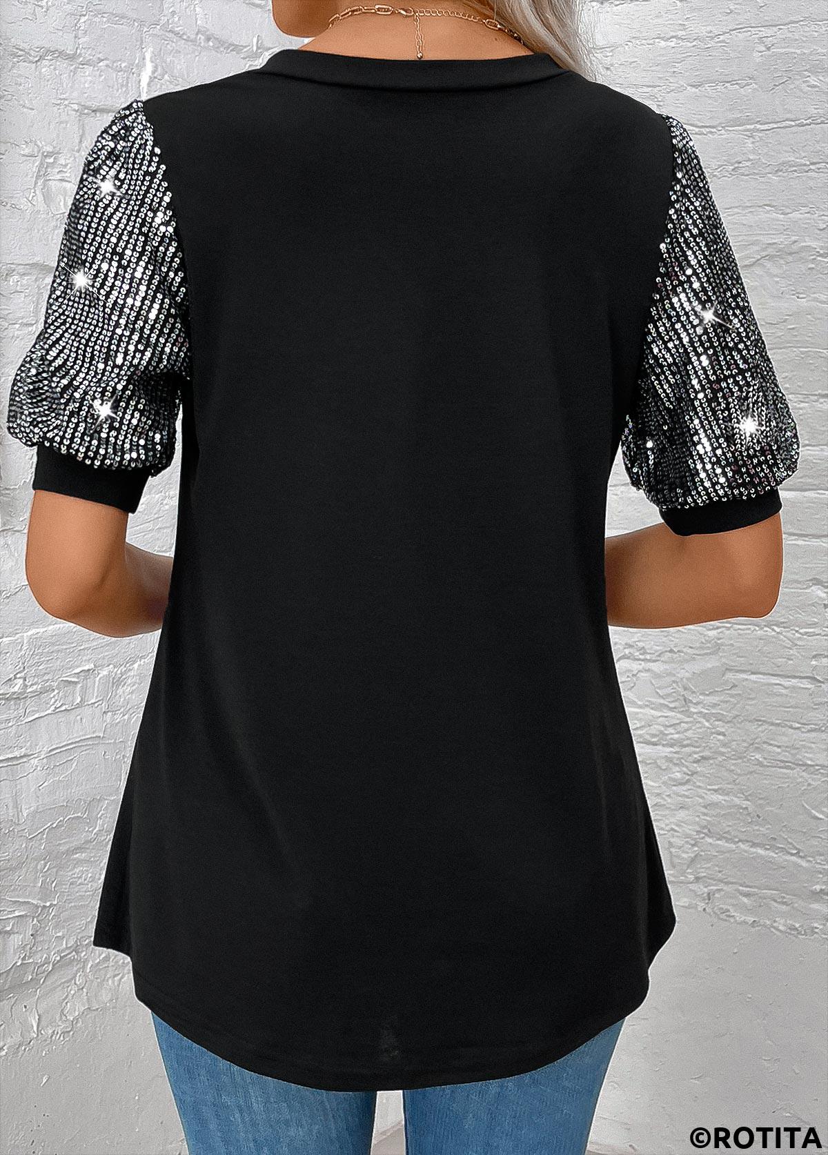 Black plus size,Plain Color plus size,ROTITA Plus Size Sequin Black V Neck T Shirt