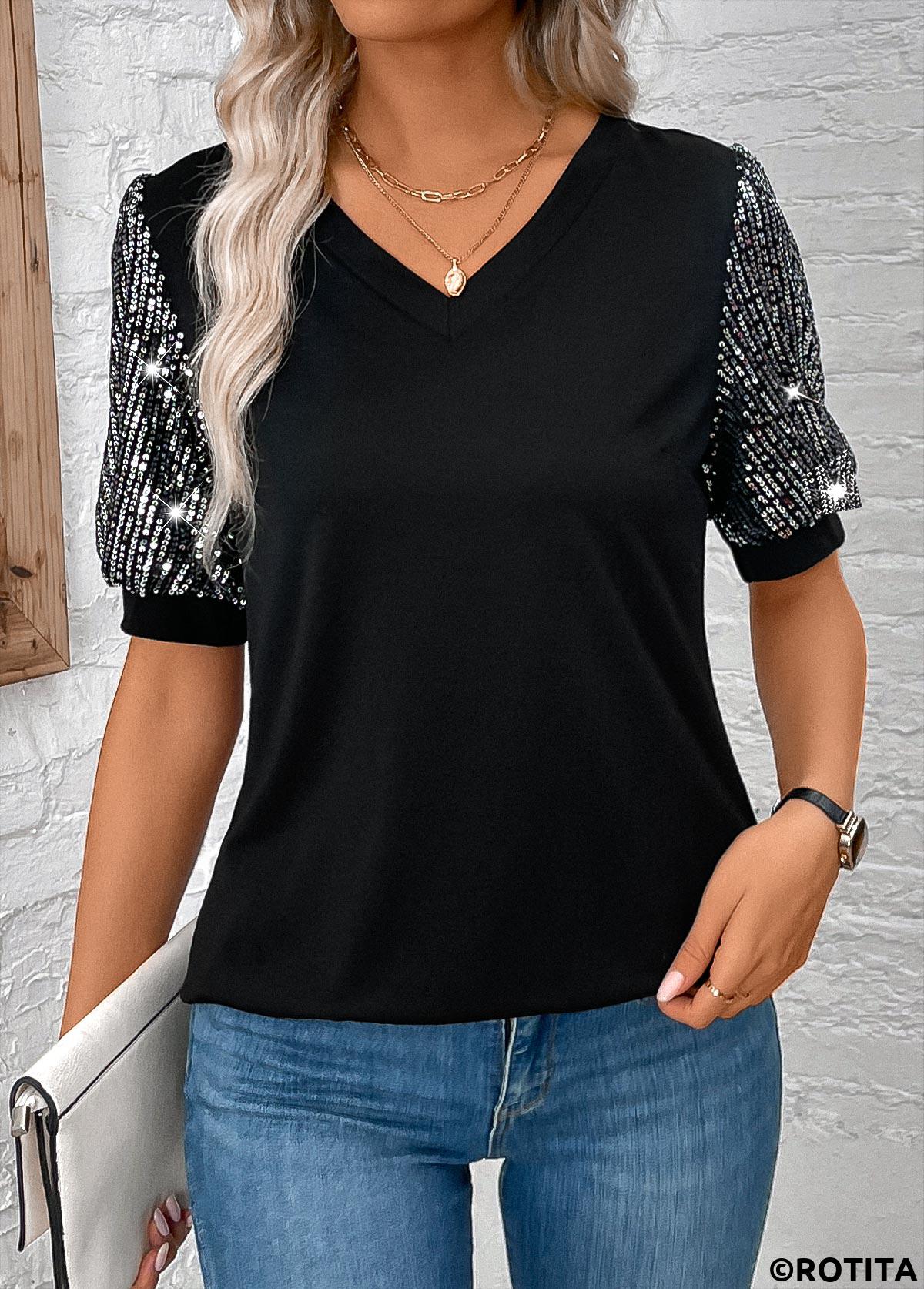 Black plus size,Plain Color plus size,ROTITA Plus Size Sequin Black V Neck T Shirt