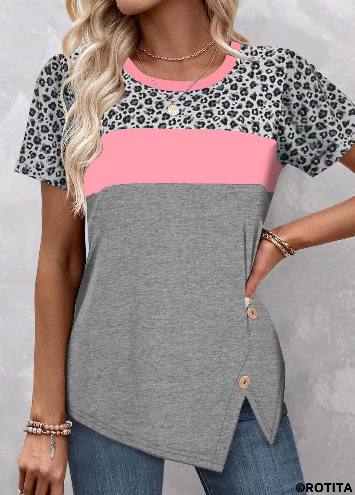 Pink tops,Grey tops,Leopard tops,Geometric tops,ROTITA Patchwork Leopard Pink Round Neck T Shirt