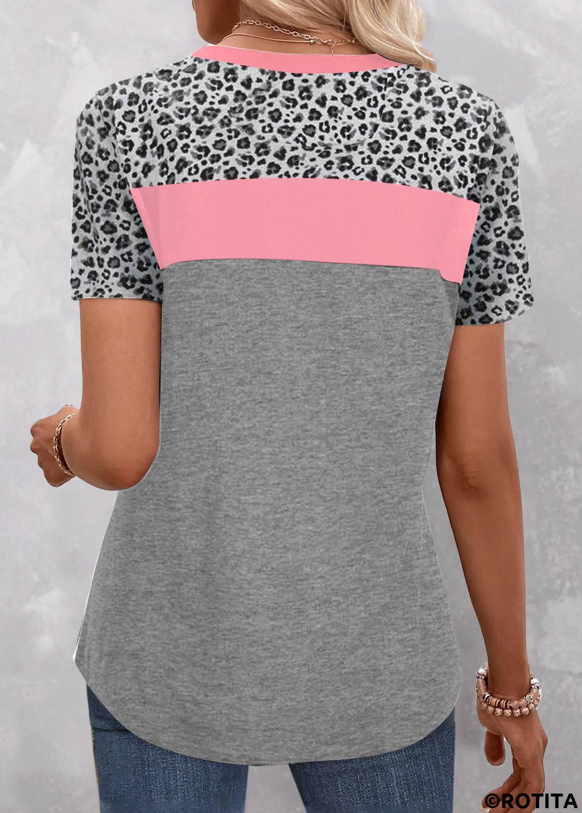 Pink tops,Grey tops,Leopard tops,Geometric tops,ROTITA Patchwork Leopard Pink Round Neck T Shirt