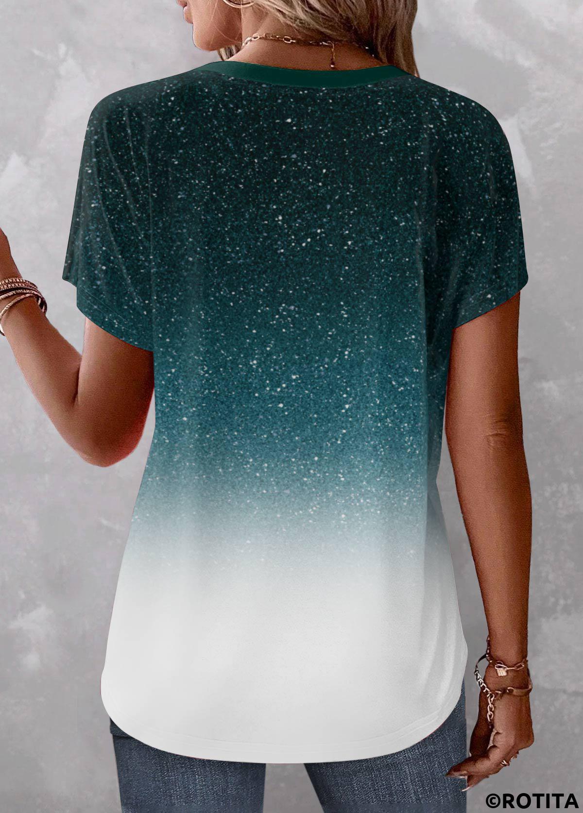 Turquoise tops,White tops,Ombre tops,ROTITA Button Ombre Turquoise V Neck Short Sleeve Blouse