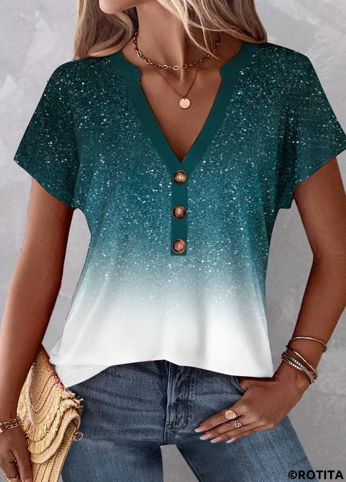Turquoise tops,White tops,Ombre tops,ROTITA Button Ombre Turquoise V Neck Short Sleeve Blouse