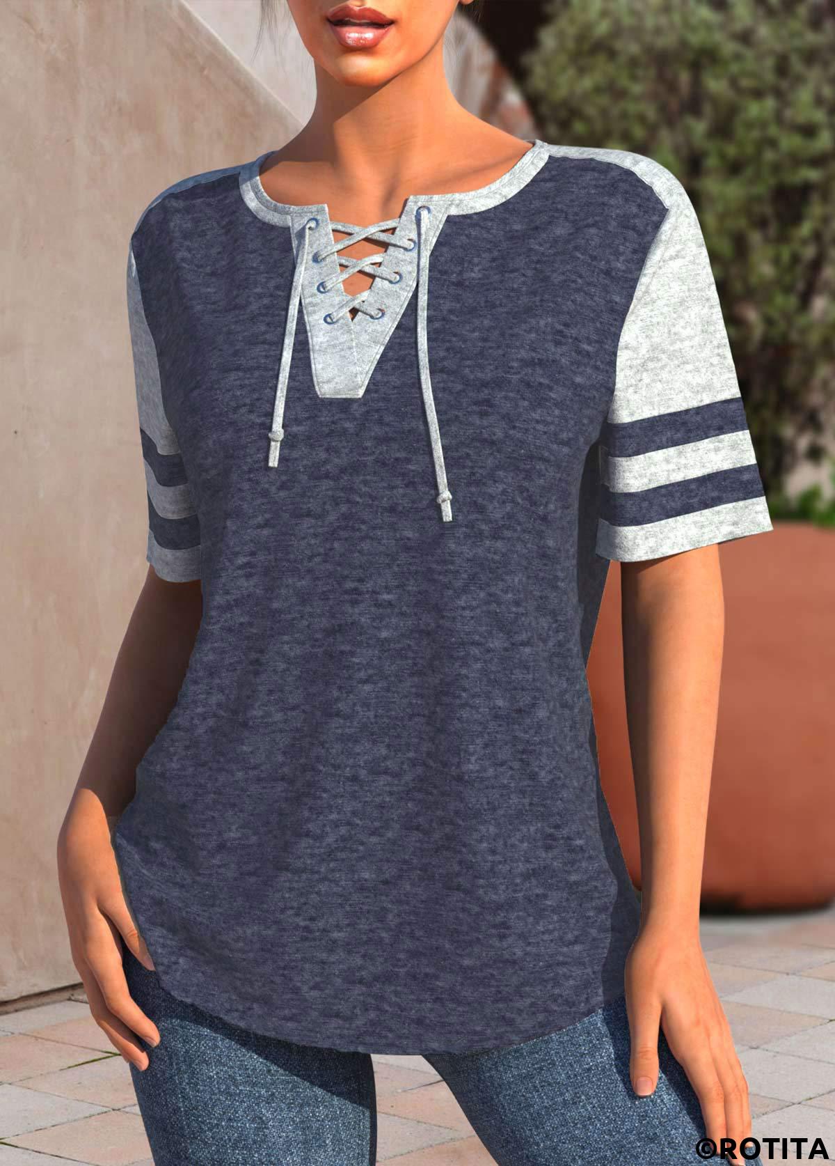 Navy plus size,Grey plus size,Contrast Color plus size,ROTITA Patchwork Navy Lace Up Collar Short Sleeve Blouse