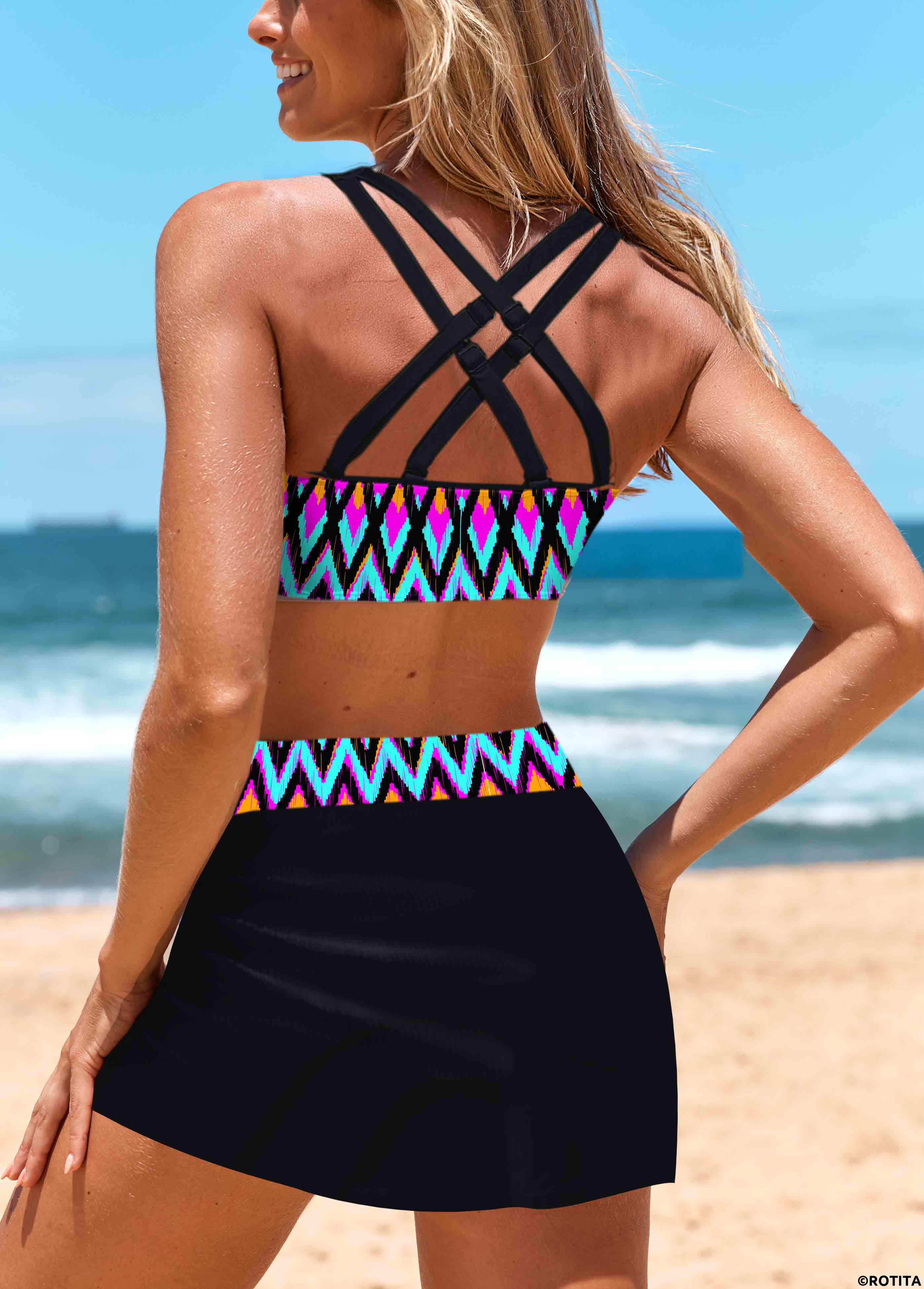 Black swimwear,Chevron swimwear,ROTITA Bowknot Black Chevron Print Mid Waisted Bikini Set