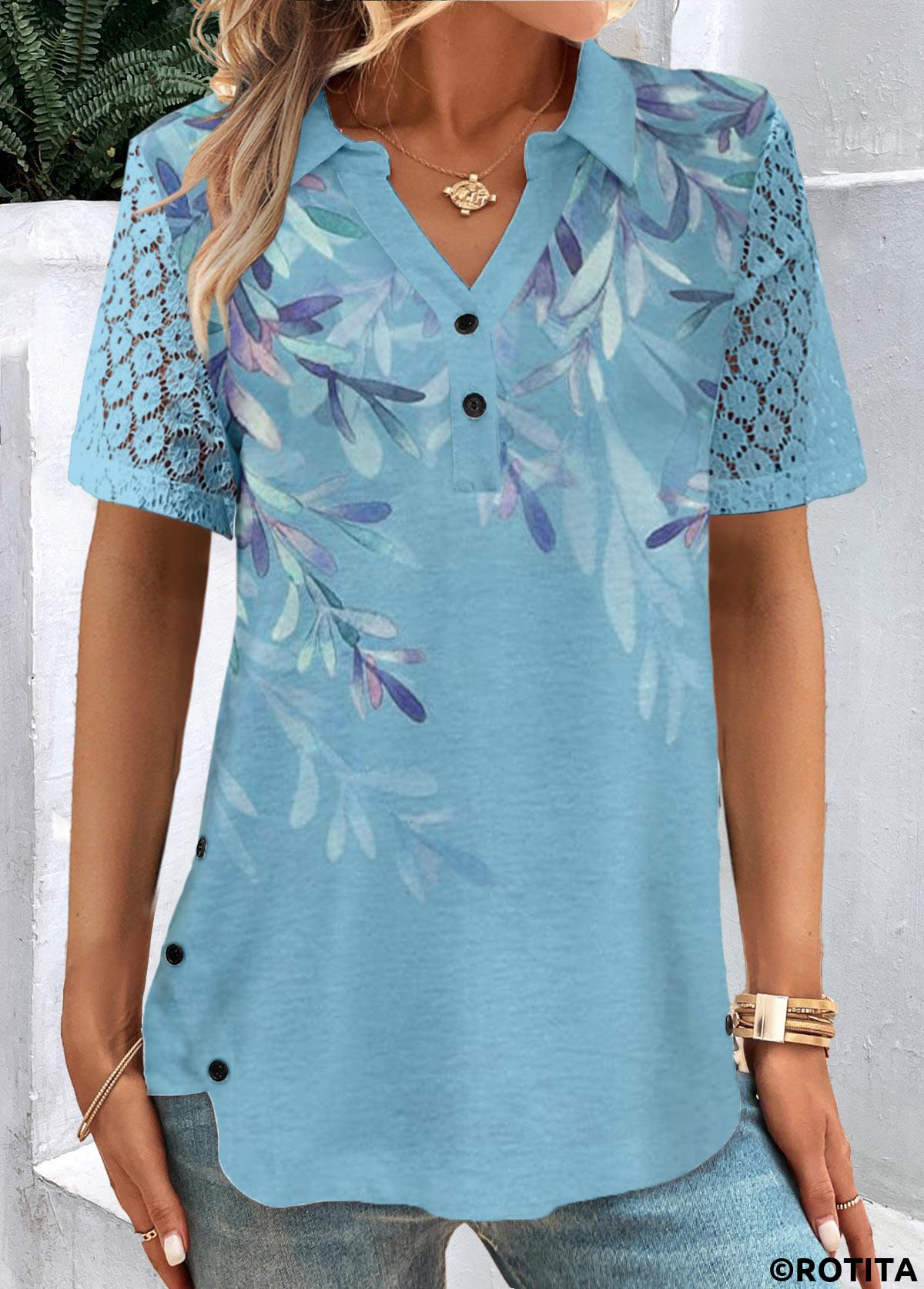 Blue tops,Plants tops,ROTITA Button Plants Print Blue Shirt Collar Short Sleeve Blouse