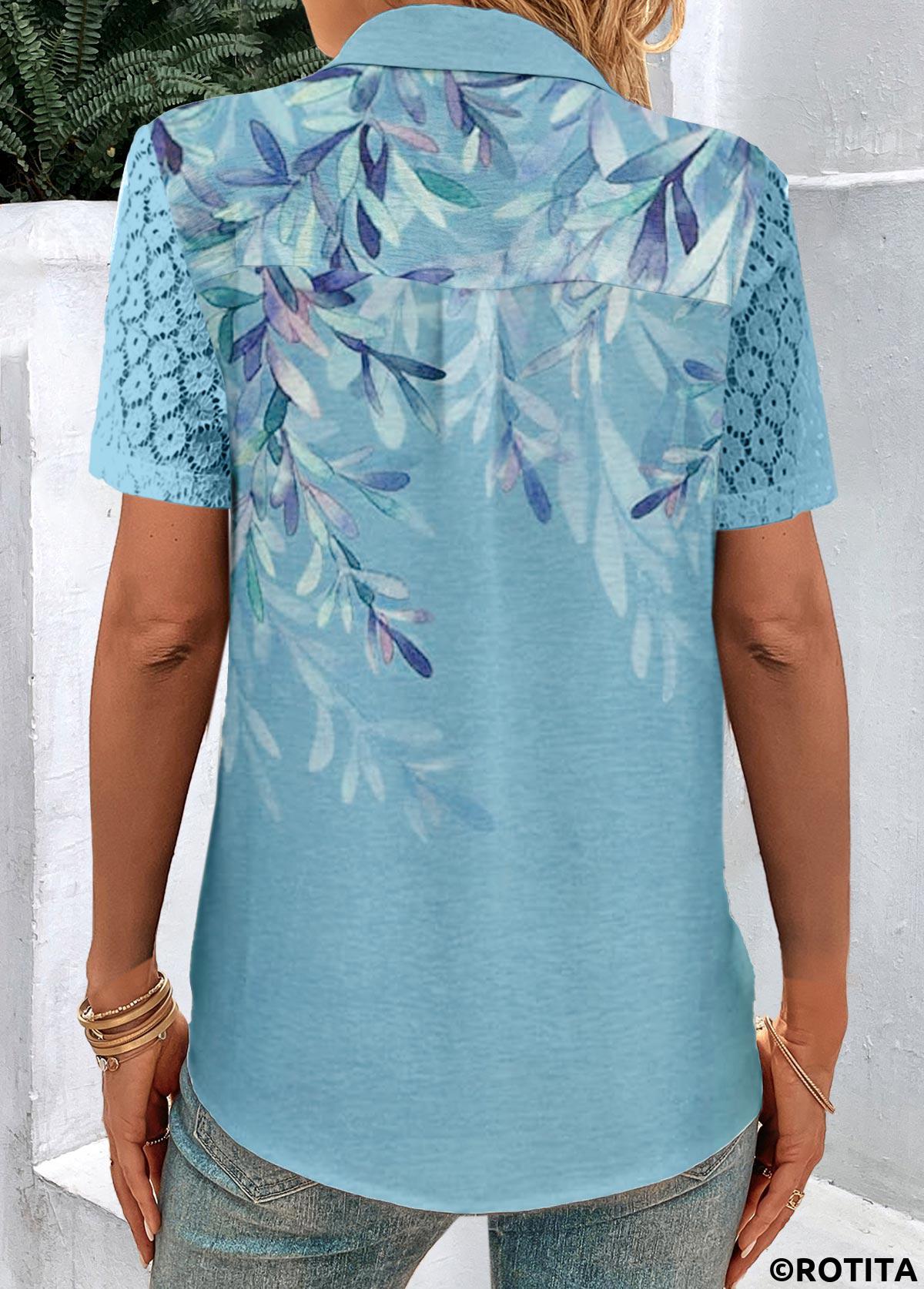 Blue tops,Plants tops,ROTITA Button Plants Print Blue Shirt Collar Short Sleeve Blouse