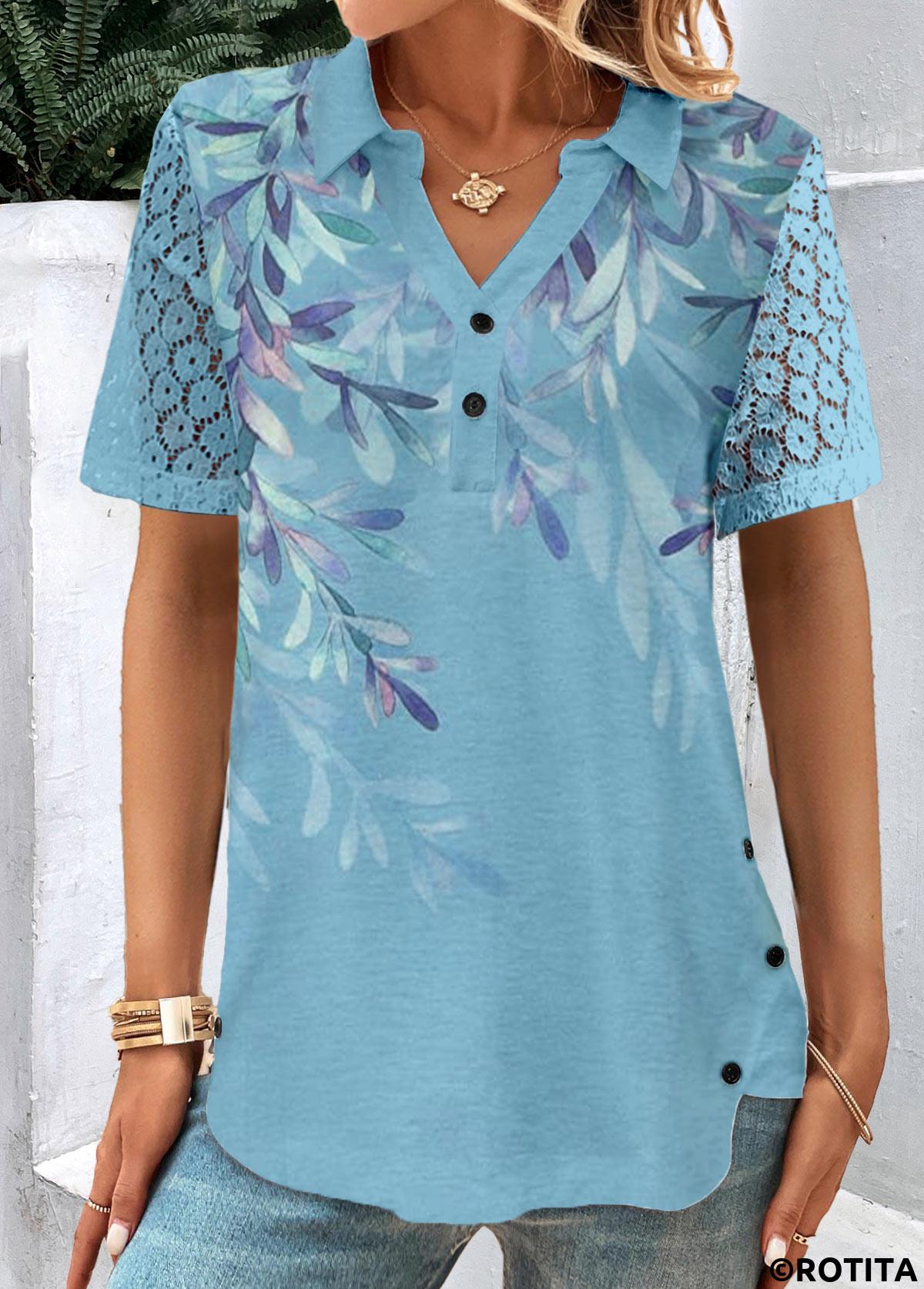 Blue tops,Plants tops,ROTITA Button Plants Print Blue Shirt Collar Short Sleeve Blouse