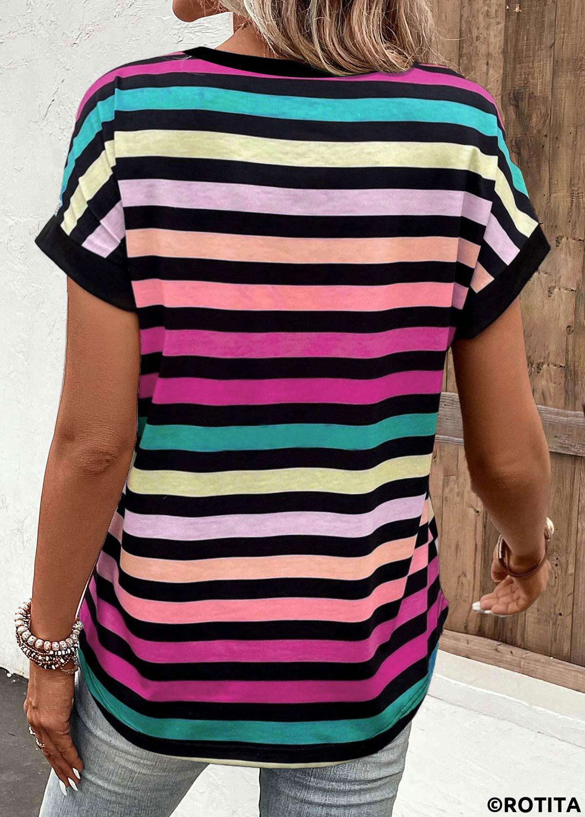 ROTITA T-shirt rayé multicolore à col en V et boutons
