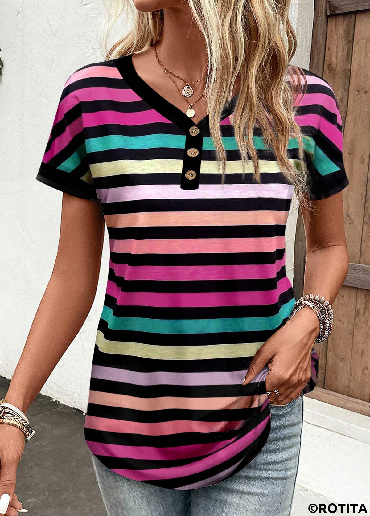 ROTITA T-shirt rayé multicolore à col en V et boutons