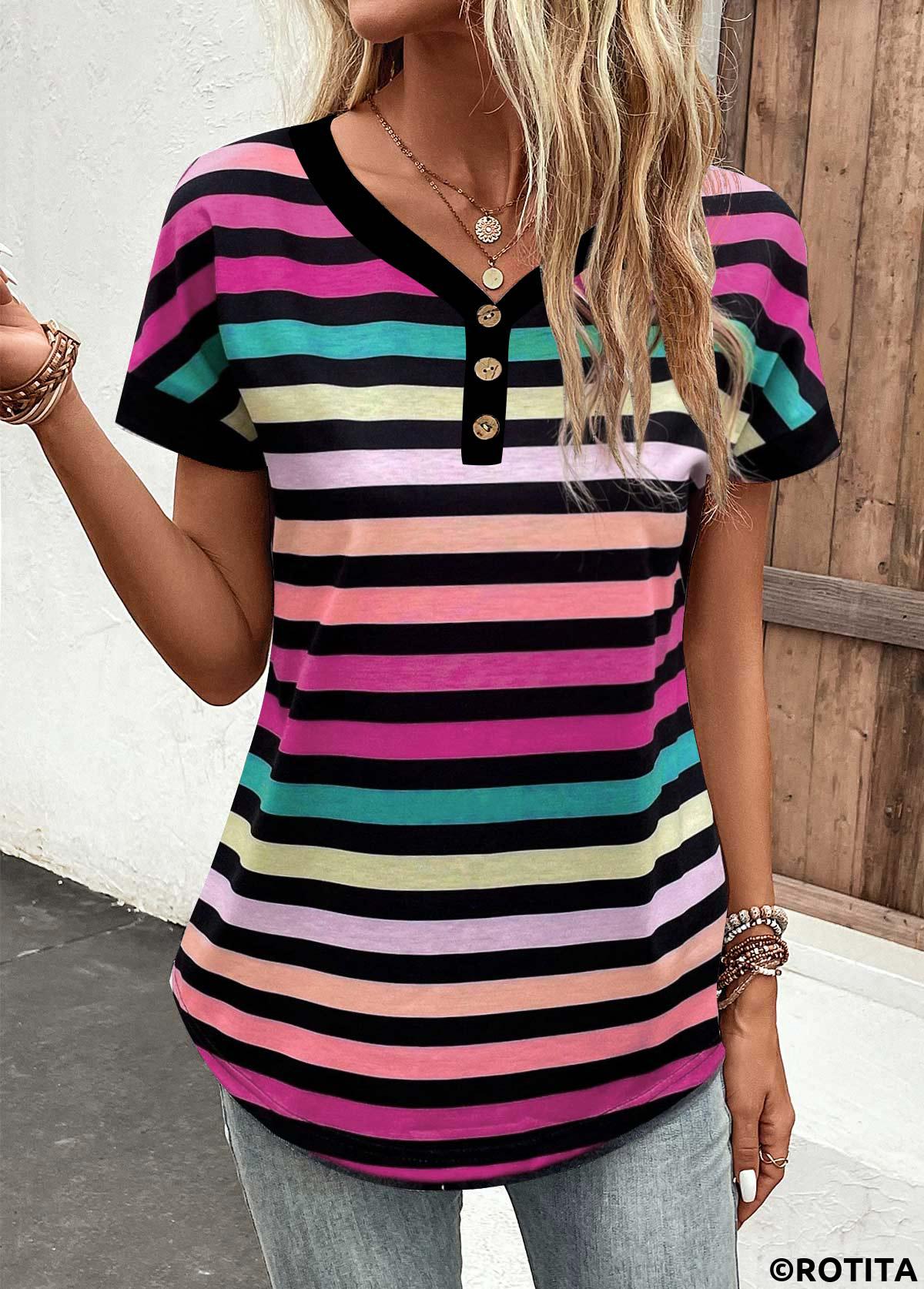 ROTITA T-shirt rayé multicolore à col en V et boutons