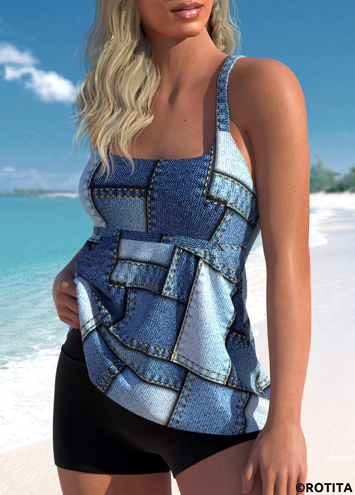 Denim Blue swimwear,Geometric swimwear,ROTITA Patchwork Denim Blue Geometric Print Tankini Top