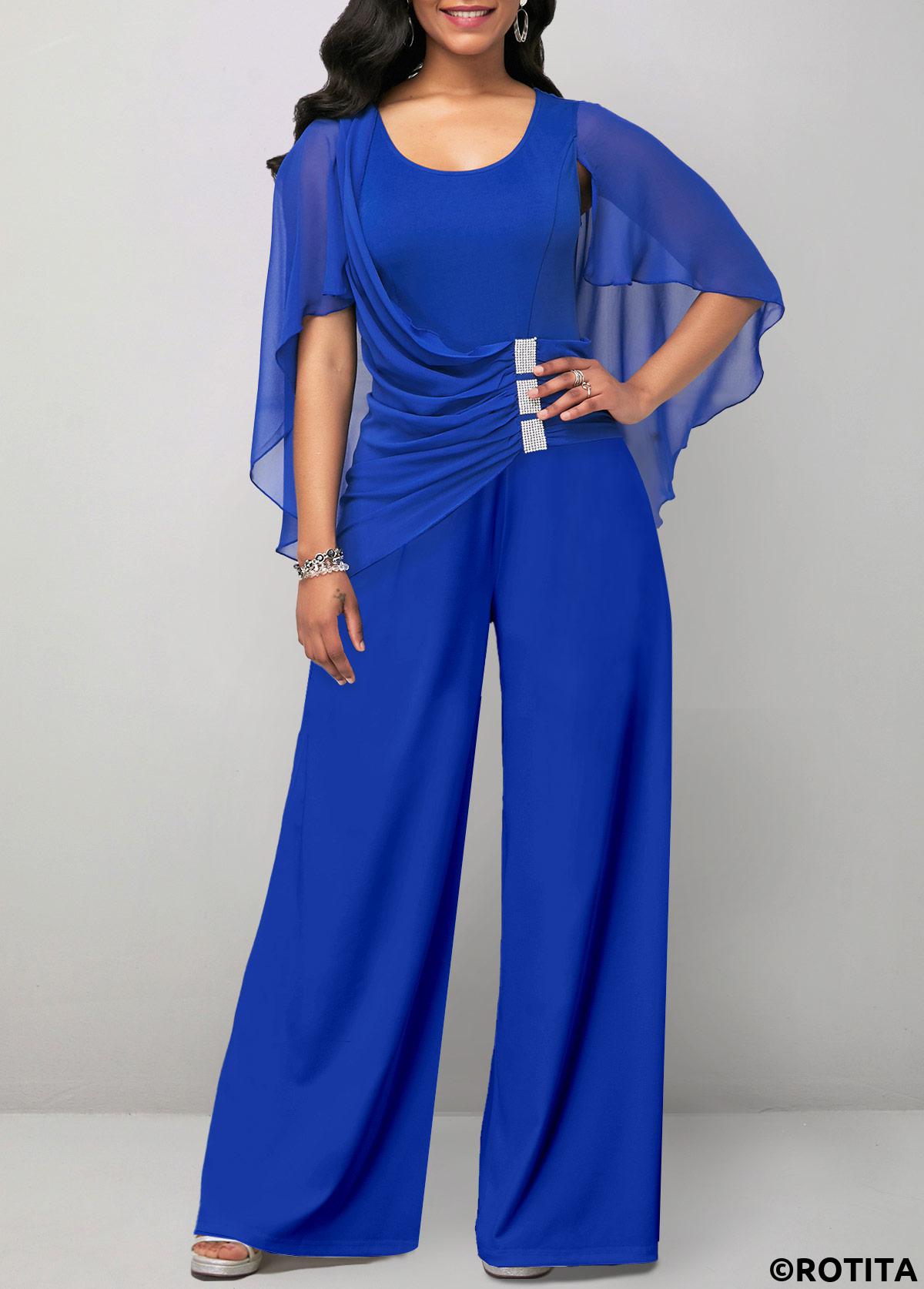 Royal Blue jumpsuits&rompers,Plain Color jumpsuits&rompers,ROTITA Asymmetry Royal Blue Long Scoop Neck Jumpsuit