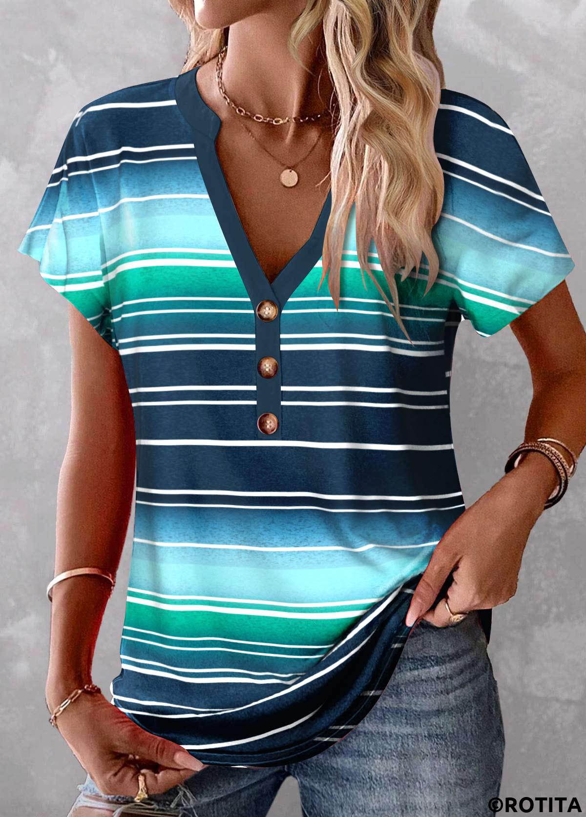 Peacock Blue tops,Striped tops,Ombre tops,ROTITA Button Striped Peacock Blue V Neck T Shirt