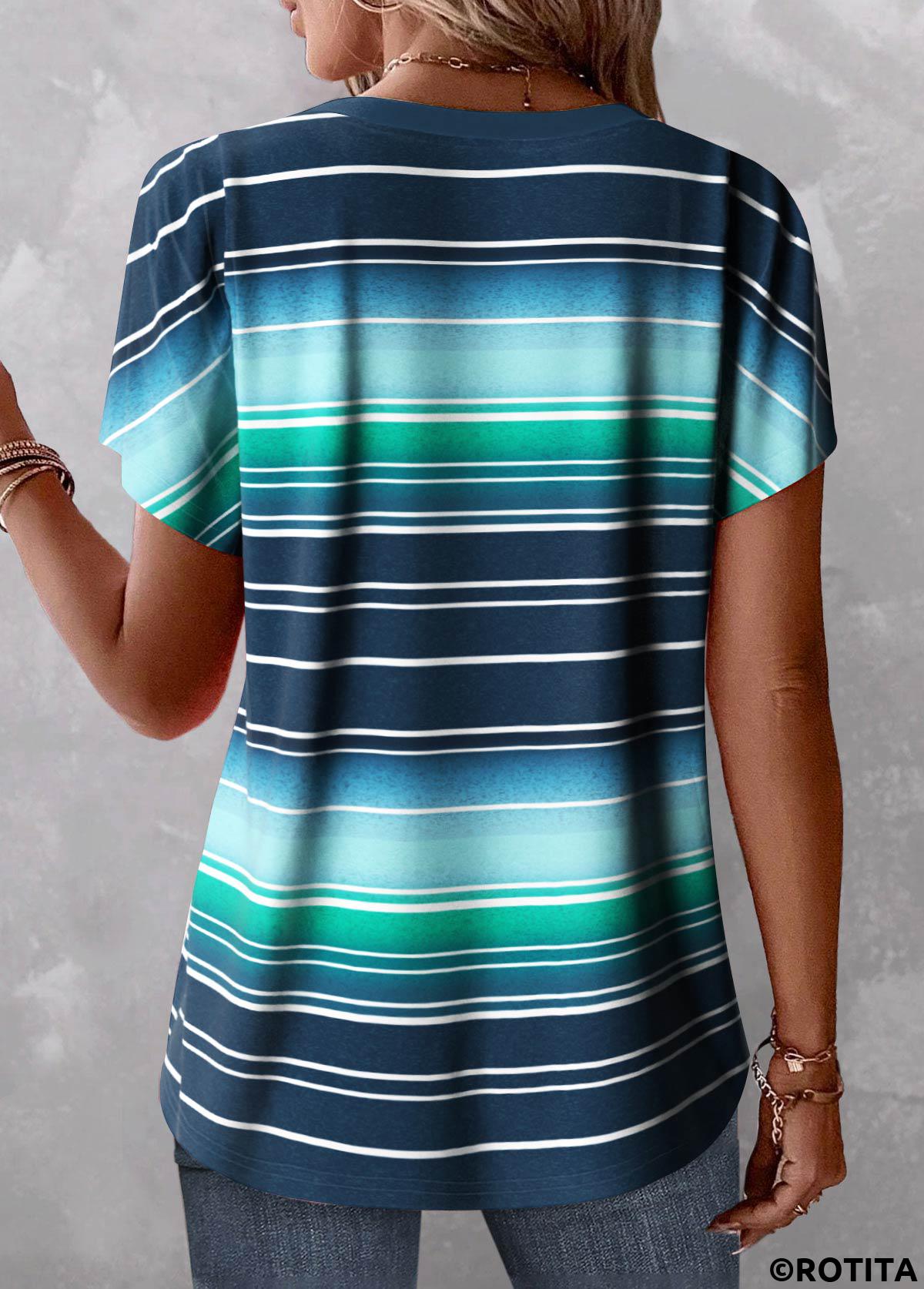 Peacock Blue tops,Striped tops,Ombre tops,ROTITA Button Striped Peacock Blue V Neck T Shirt