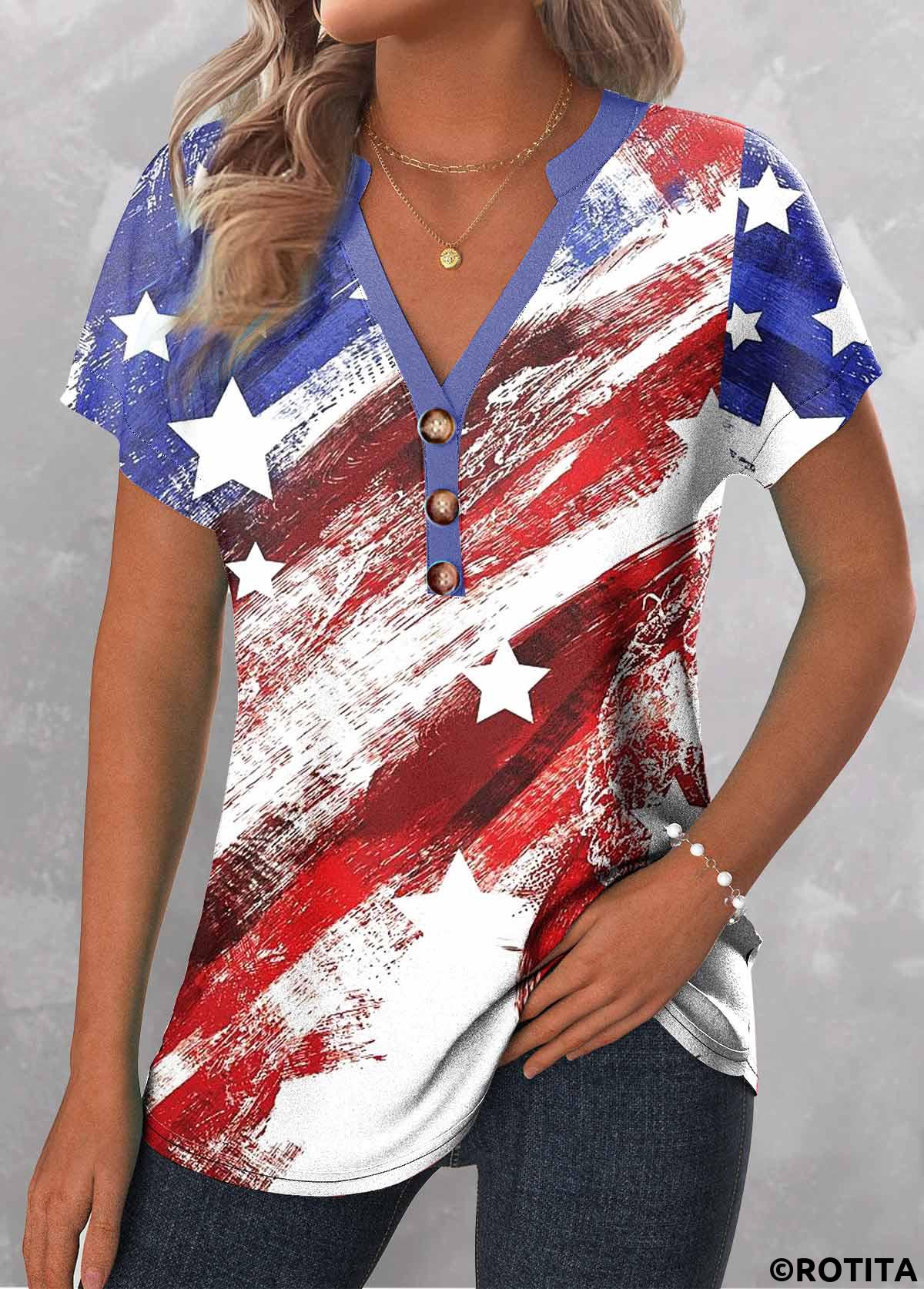 Multi Color plus size,Flag plus size,ROTITA Plus Size Button Multi Color T Shirt