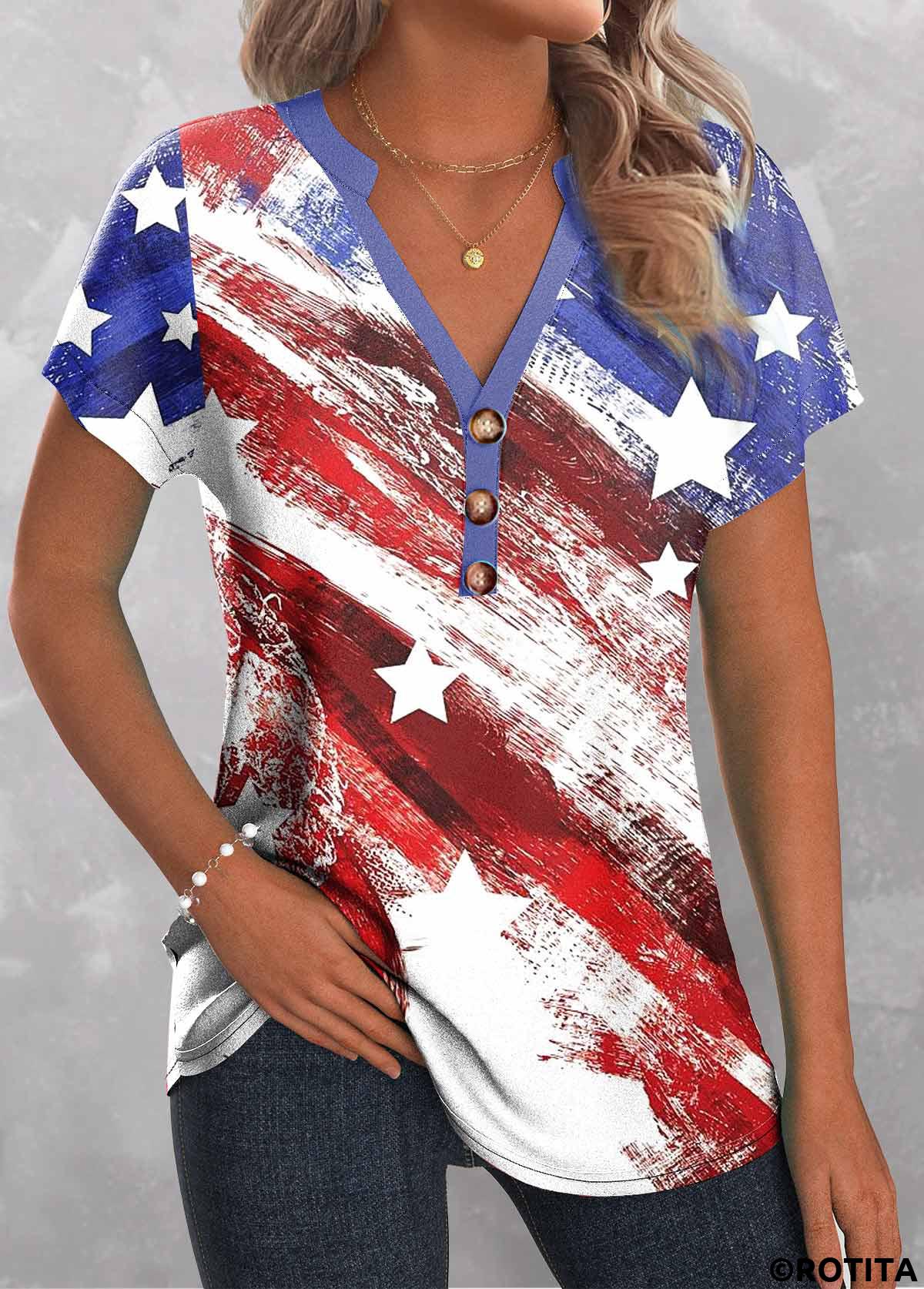 Multi Color plus size,Flag plus size,ROTITA Plus Size Button Multi Color T Shirt