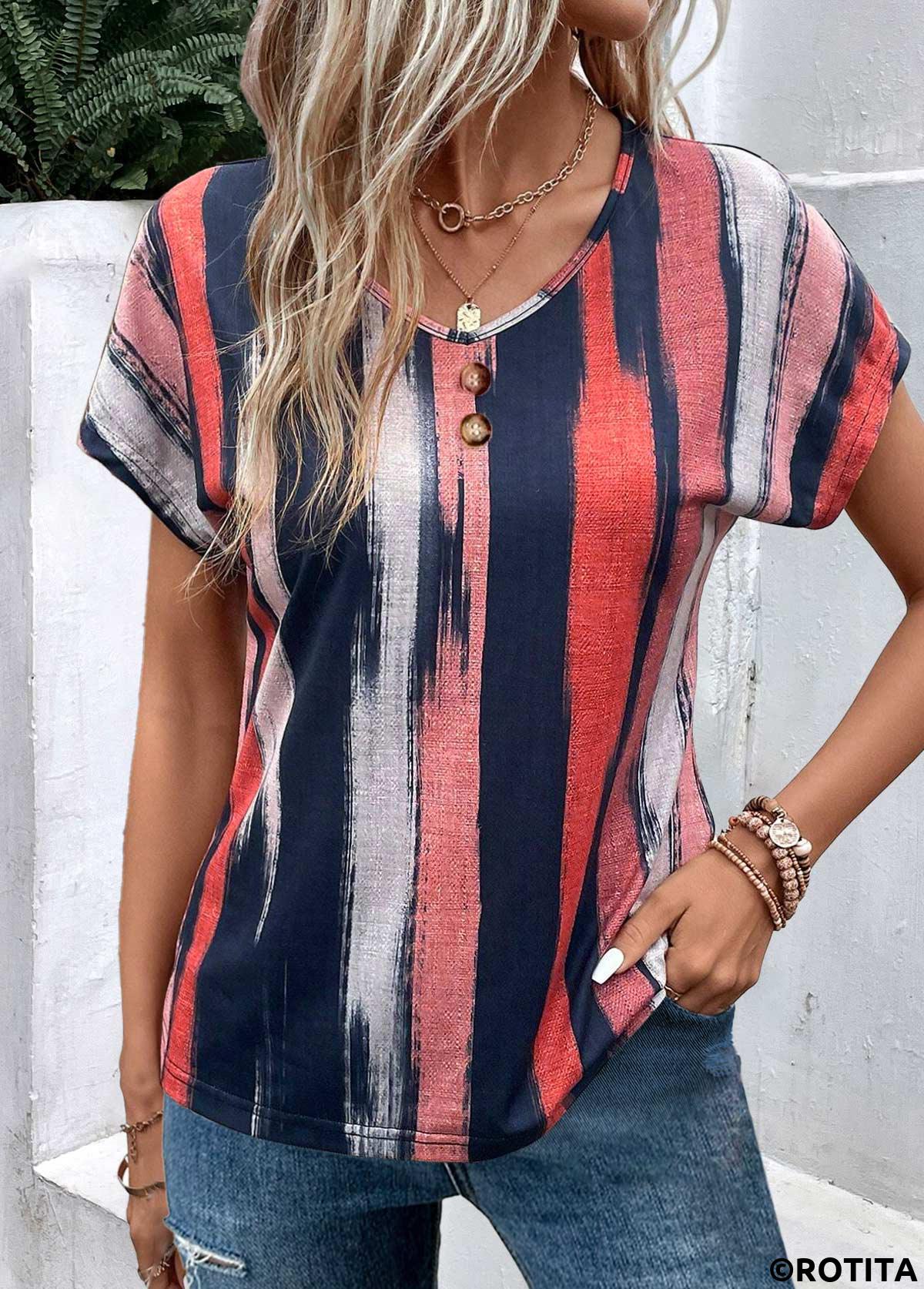 Multi Color tops,Rainbow Color tops,Striped tops,ROTITA Lightweight Striped Multi Color V Neck T Shirt