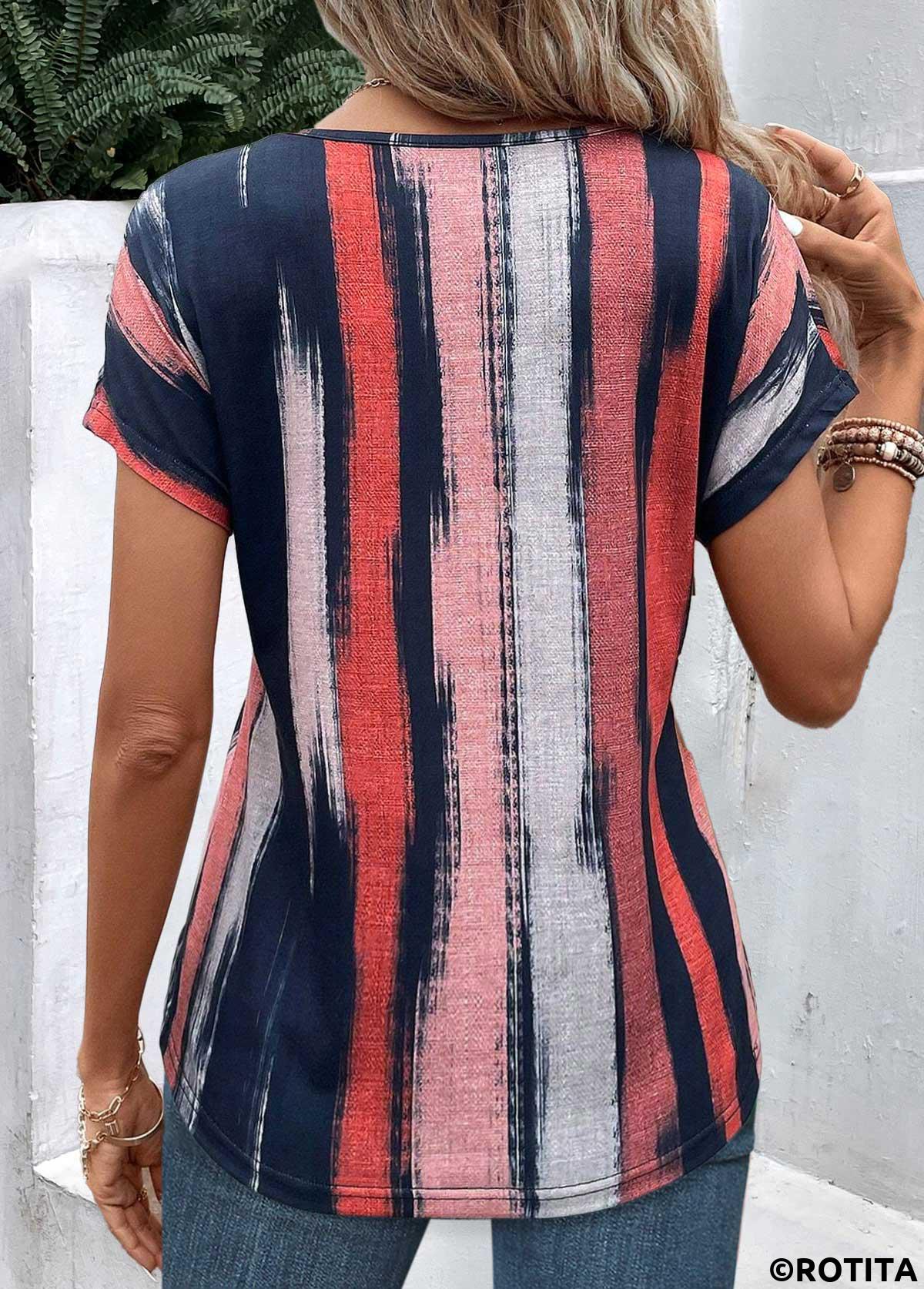 Multi Color tops,Rainbow Color tops,Striped tops,ROTITA Lightweight Striped Multi Color V Neck T Shirt