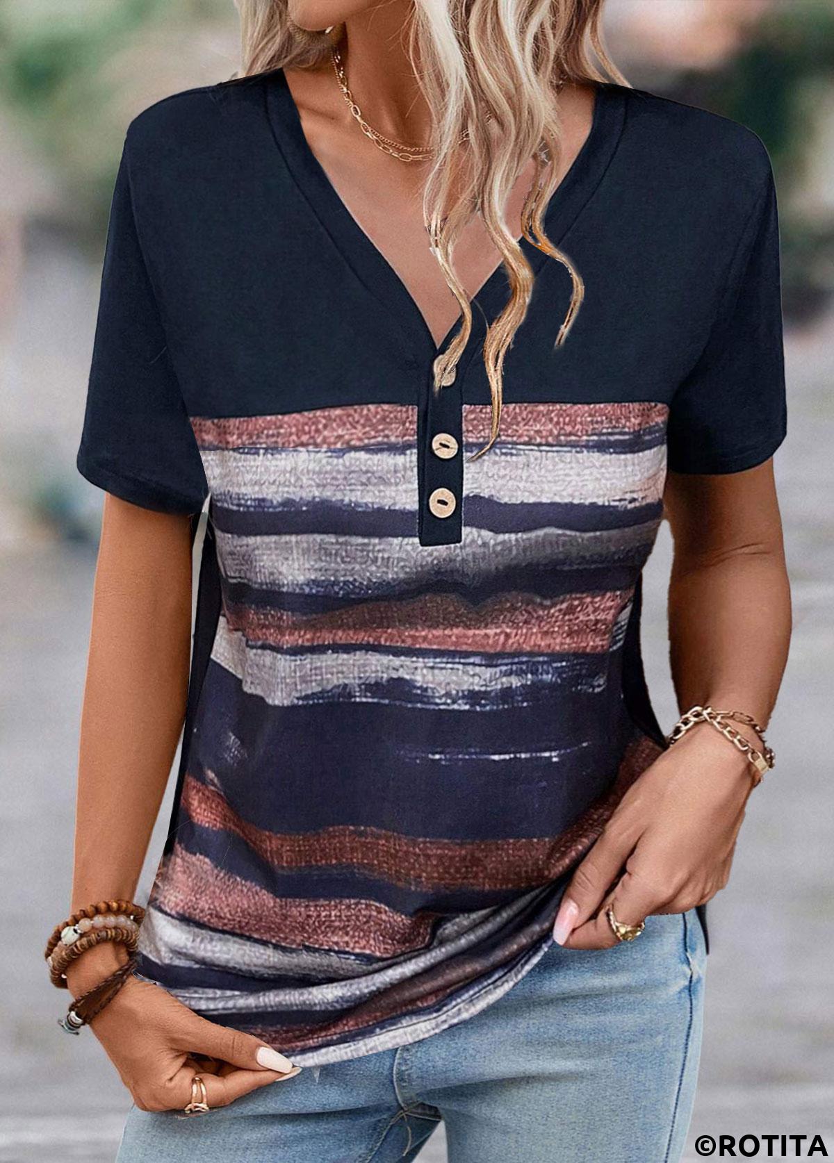 Navy tops,Striped tops,Geometric tops,ROTITA Button Striped Navy V Neck T Shirt