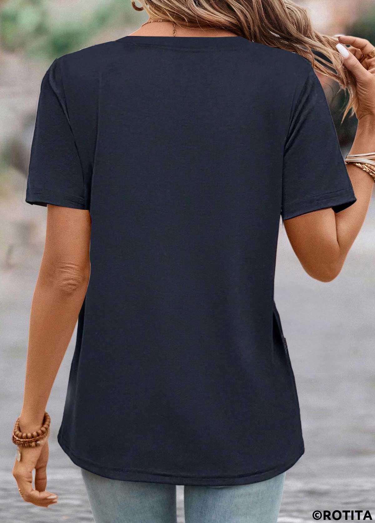 Navy tops,Striped tops,Geometric tops,ROTITA Button Striped Navy V Neck T Shirt