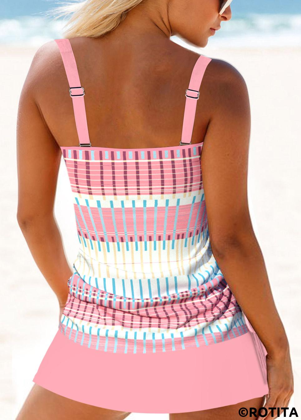 Pink swimwear,Geometric swimwear,Striped swimwear,ROTITA Circular Ring Pink Geometric Print Tankini Set