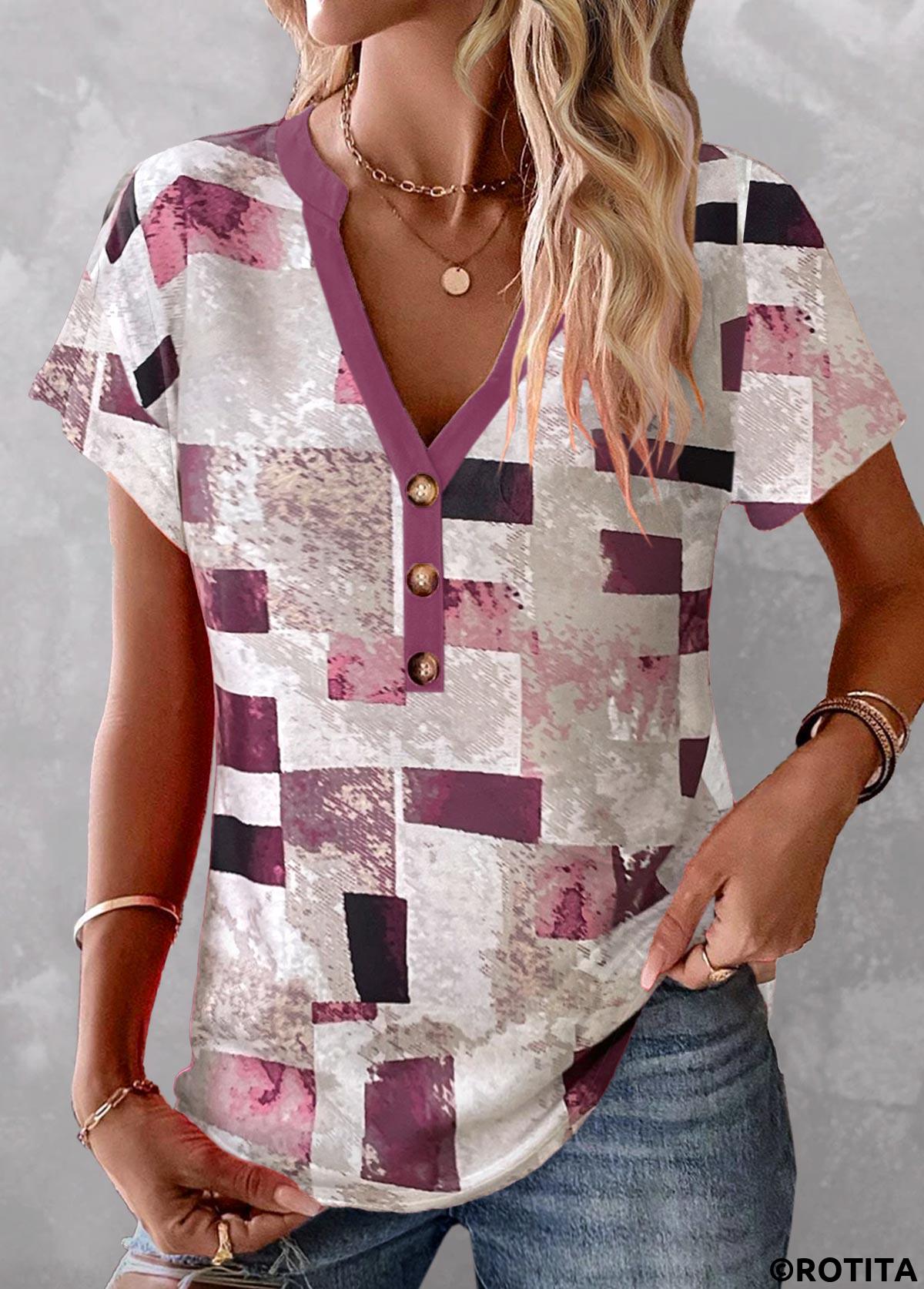 Multi Color tops,Geometric tops,ROTITA Button Geometric Print Multi Color T Shirt