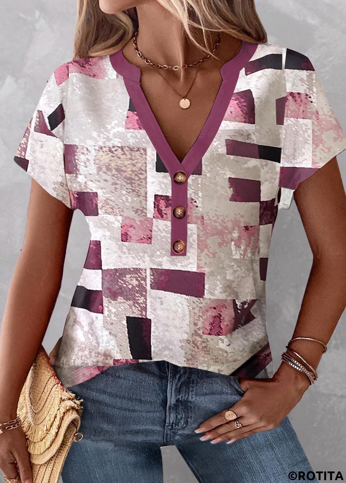 Multi Color tops,Geometric tops,ROTITA Button Geometric Print Multi Color T Shirt