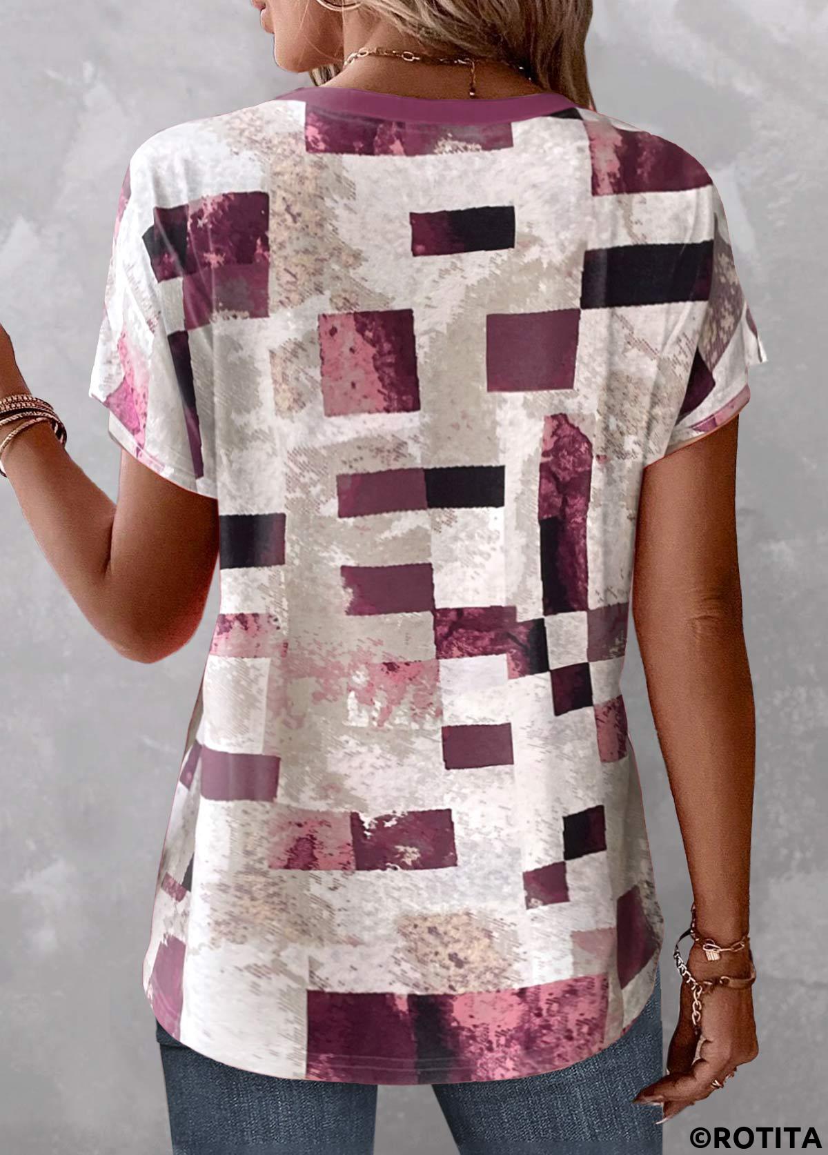 Multi Color tops,Geometric tops,ROTITA Button Geometric Print Multi Color T Shirt