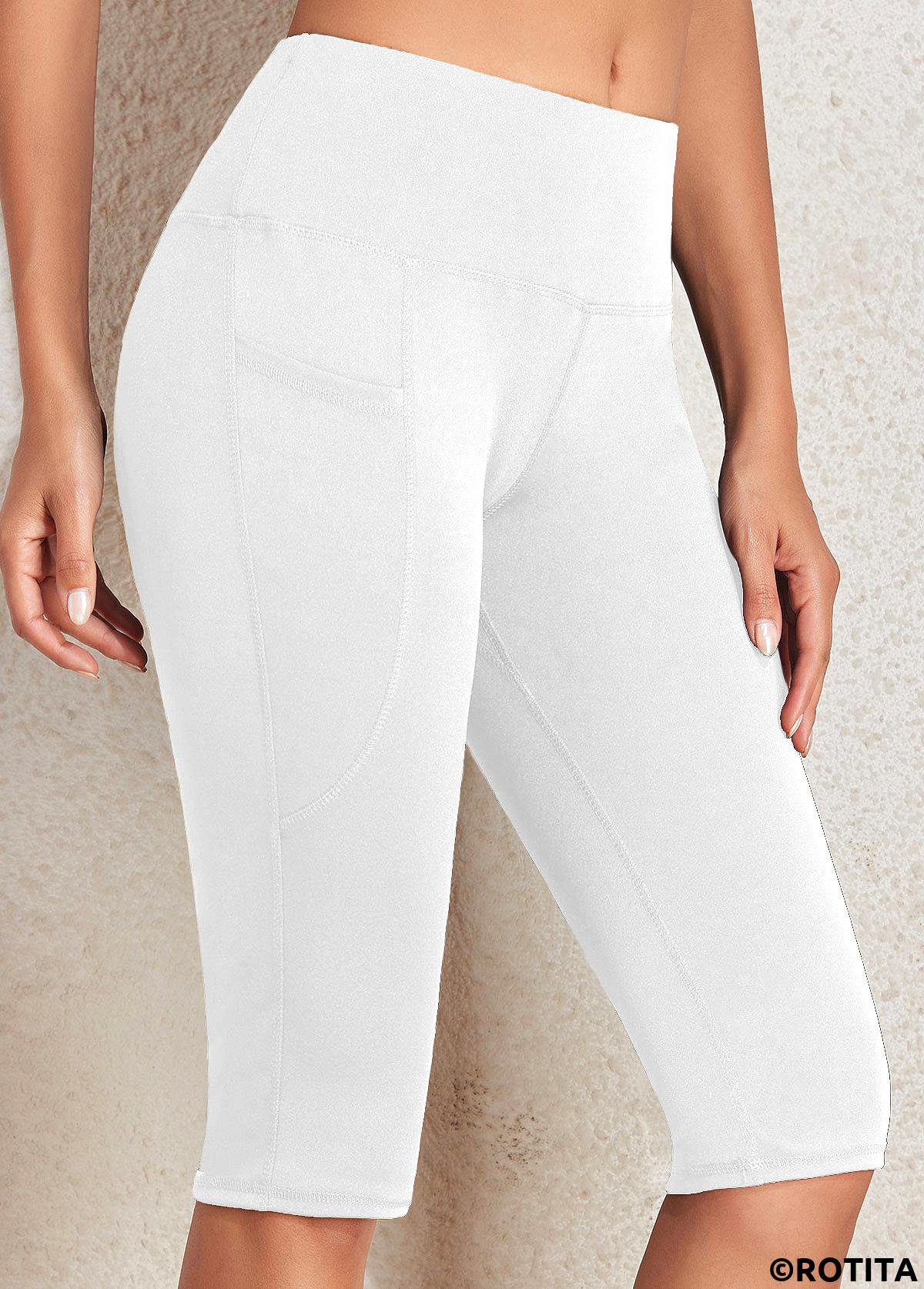 White bottoms,Plain Color bottoms,White Mid Waisted Elastic Waist Knee Length Leggings