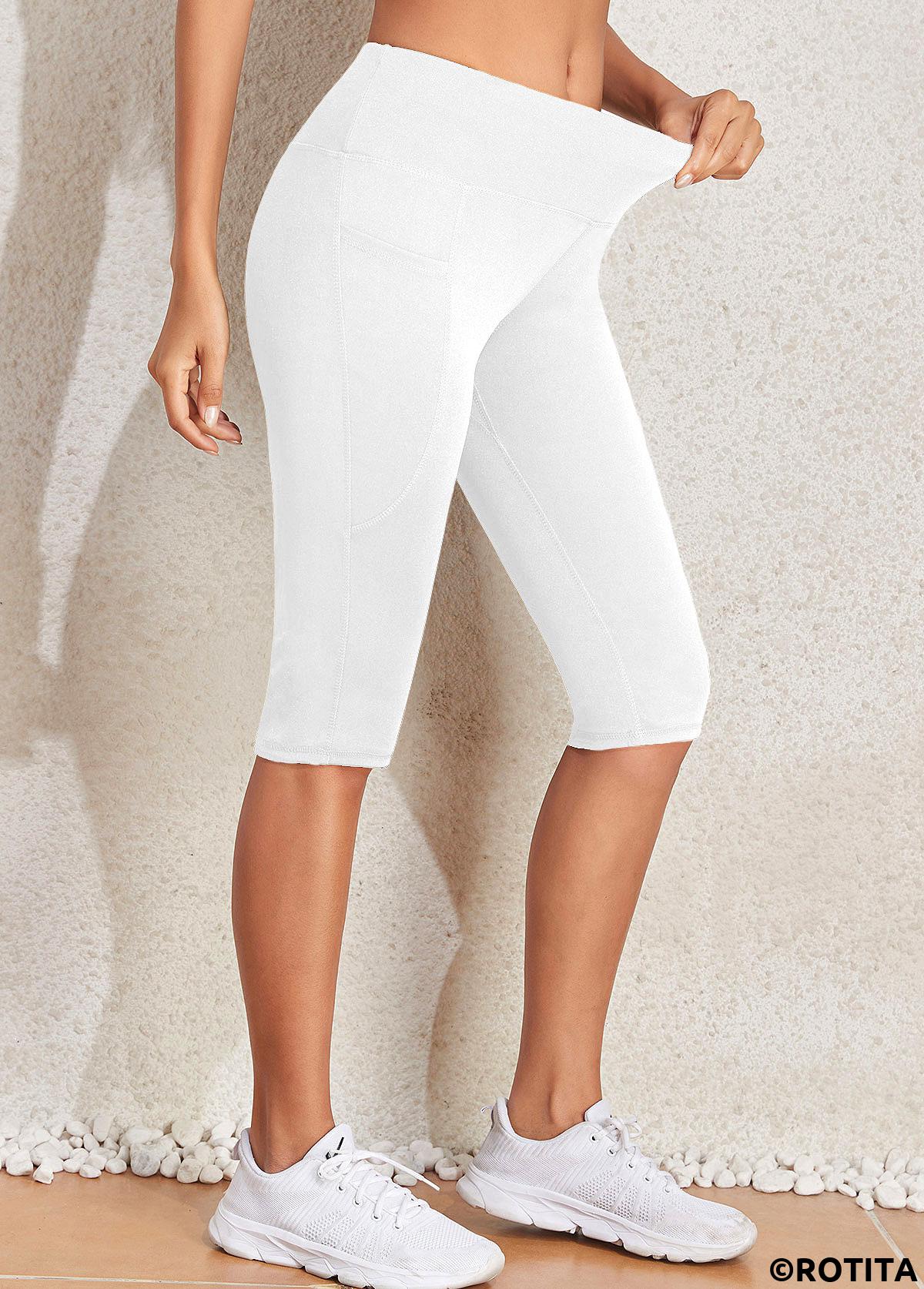 White bottoms,Plain Color bottoms,White Mid Waisted Elastic Waist Knee Length Leggings