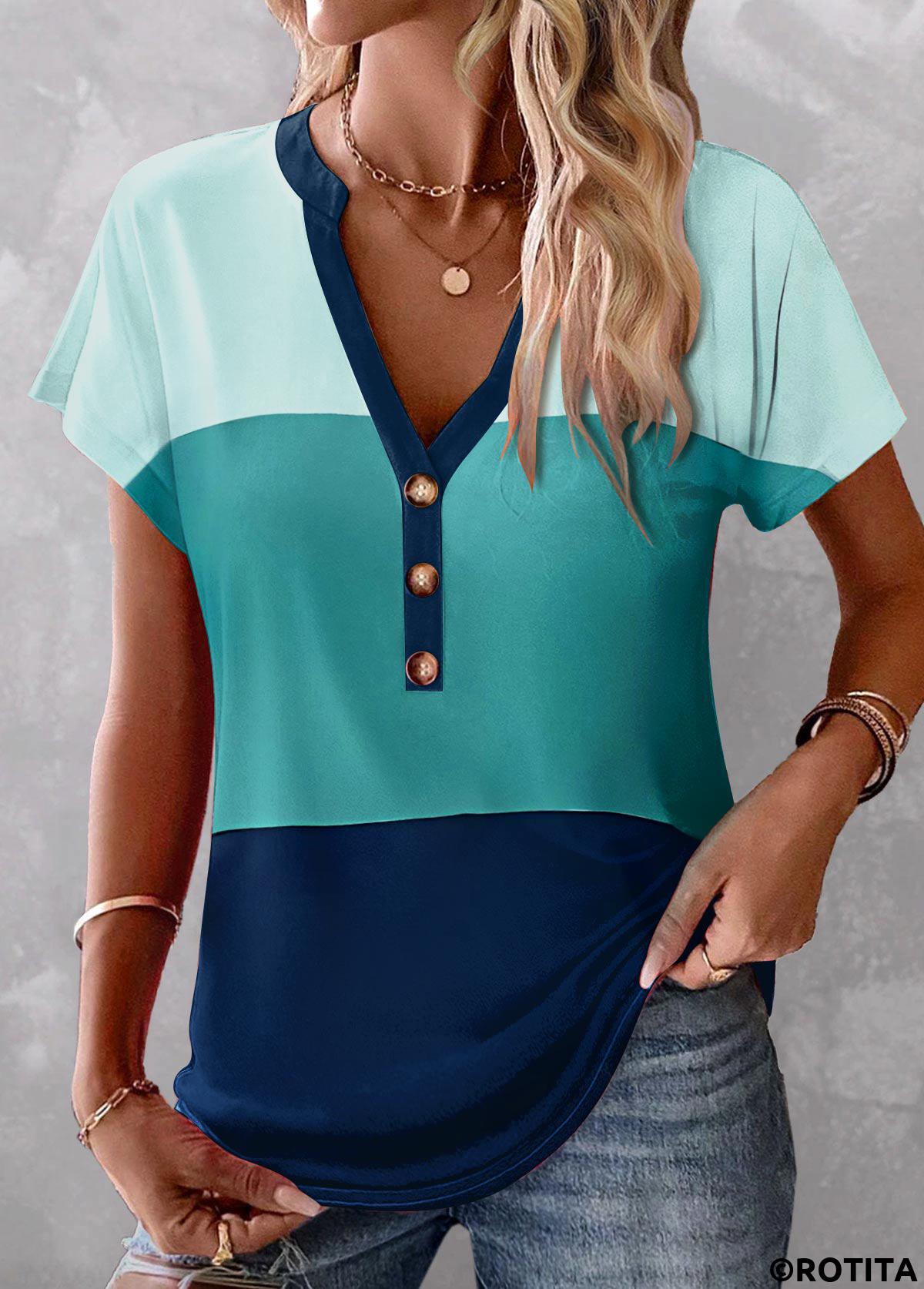 Blue tops,Contrast Color tops,ROTITA Button Blue V Neck Short Sleeve Blouse