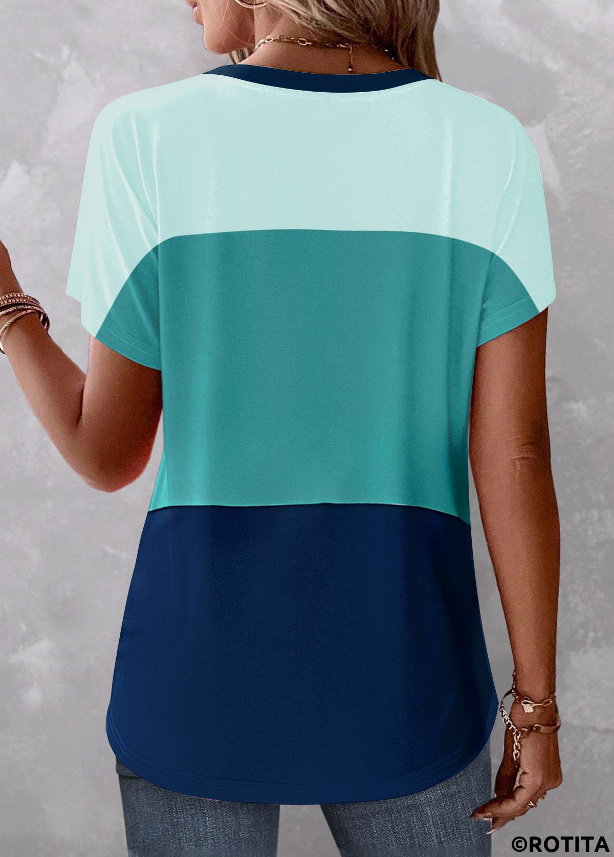 Blue tops,Contrast Color tops,ROTITA Button Blue V Neck Short Sleeve Blouse