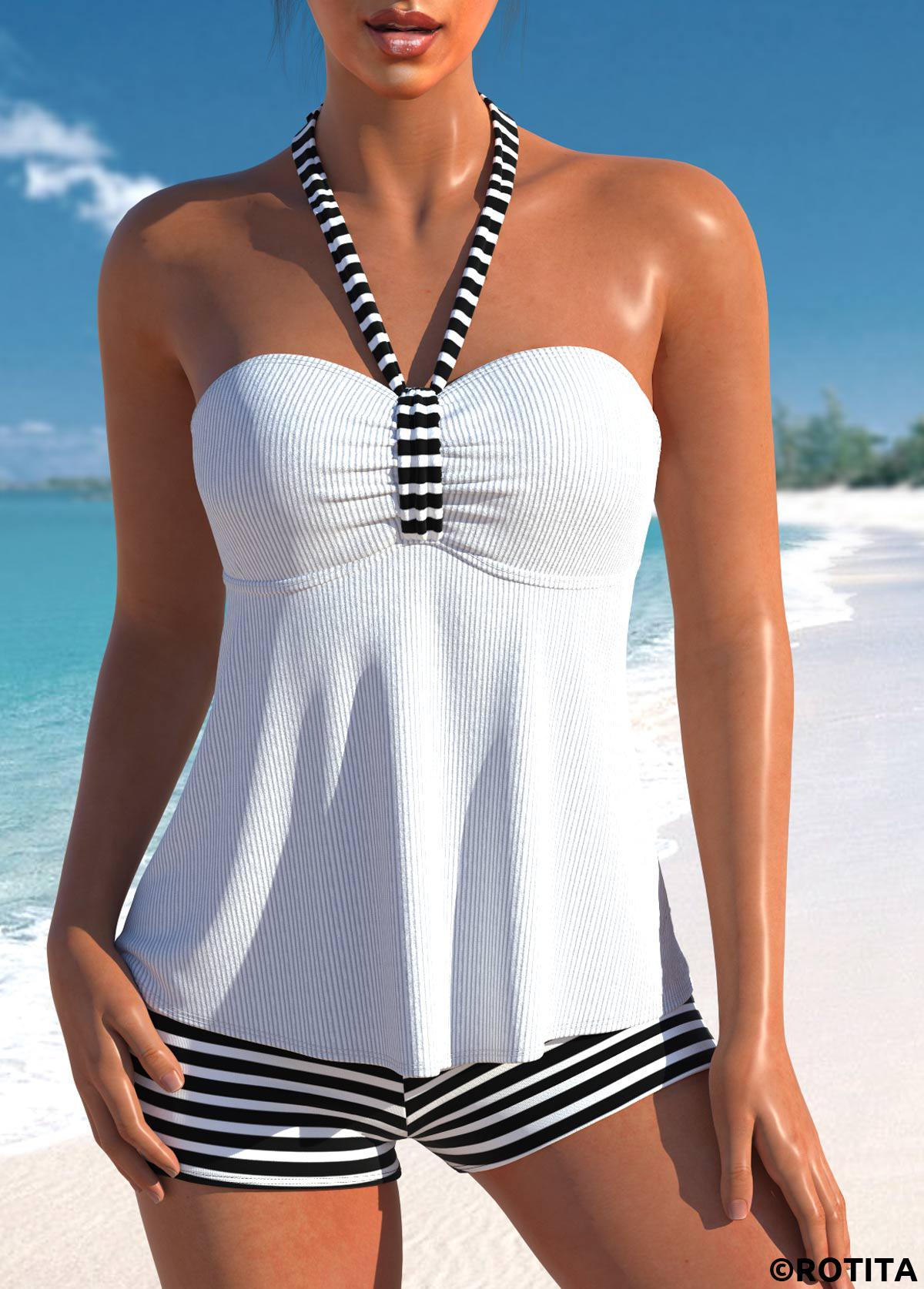 White plus size,Black plus size,Striped plus size,Geometric plus size,ROTITA Plus Size High Waisted Tie Striped Tankini Set